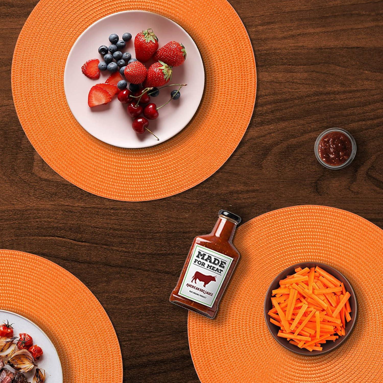 LYCAQL Round Braided Placemats Set of 4 Table Mats for Dining Tables Woven Washable Non-Slip Place mats 15 inch for Table Decor(Orange, 4pcs)