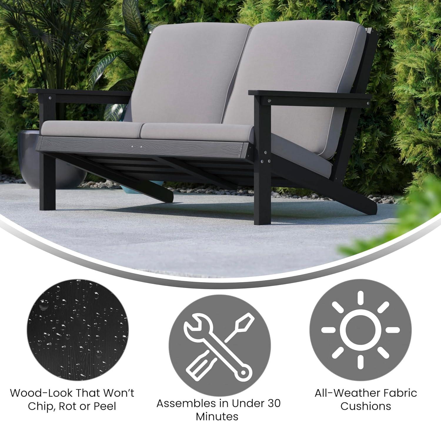 Flash Furniture Charlestown All-Weather Poly Resin Wood Adirondack Style Deep Seat Patio Loveseat with Cushions, Black/Charcoal