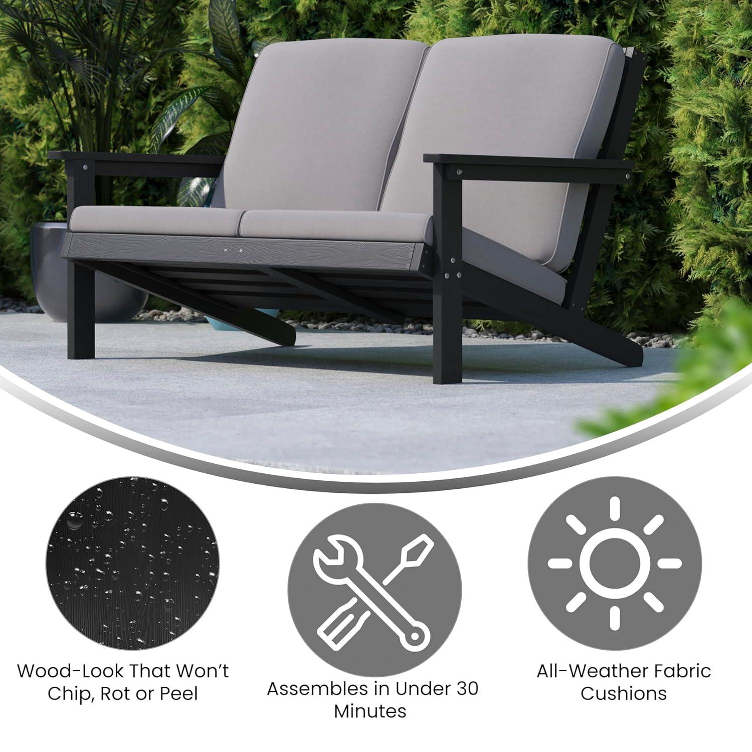 Flash Furniture Charlestown All-Weather Poly Resin Wood Adirondack Style Deep Seat Patio Loveseat with Cushions, Black/Charcoal