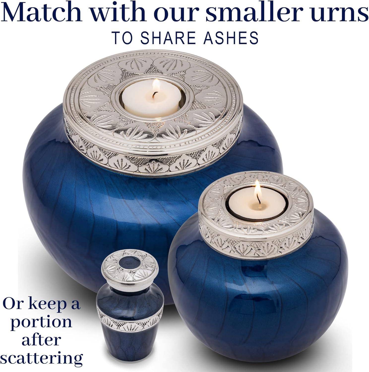 FOVERE – Mini Keepsake Urn for Human Ashes - Small Blue Cremation Urns with Elegant Silver Engraving – Holds a Small Portion of Ashes – 100% Handcrafted Decorative Urns for Human Ashes – Navy Blue