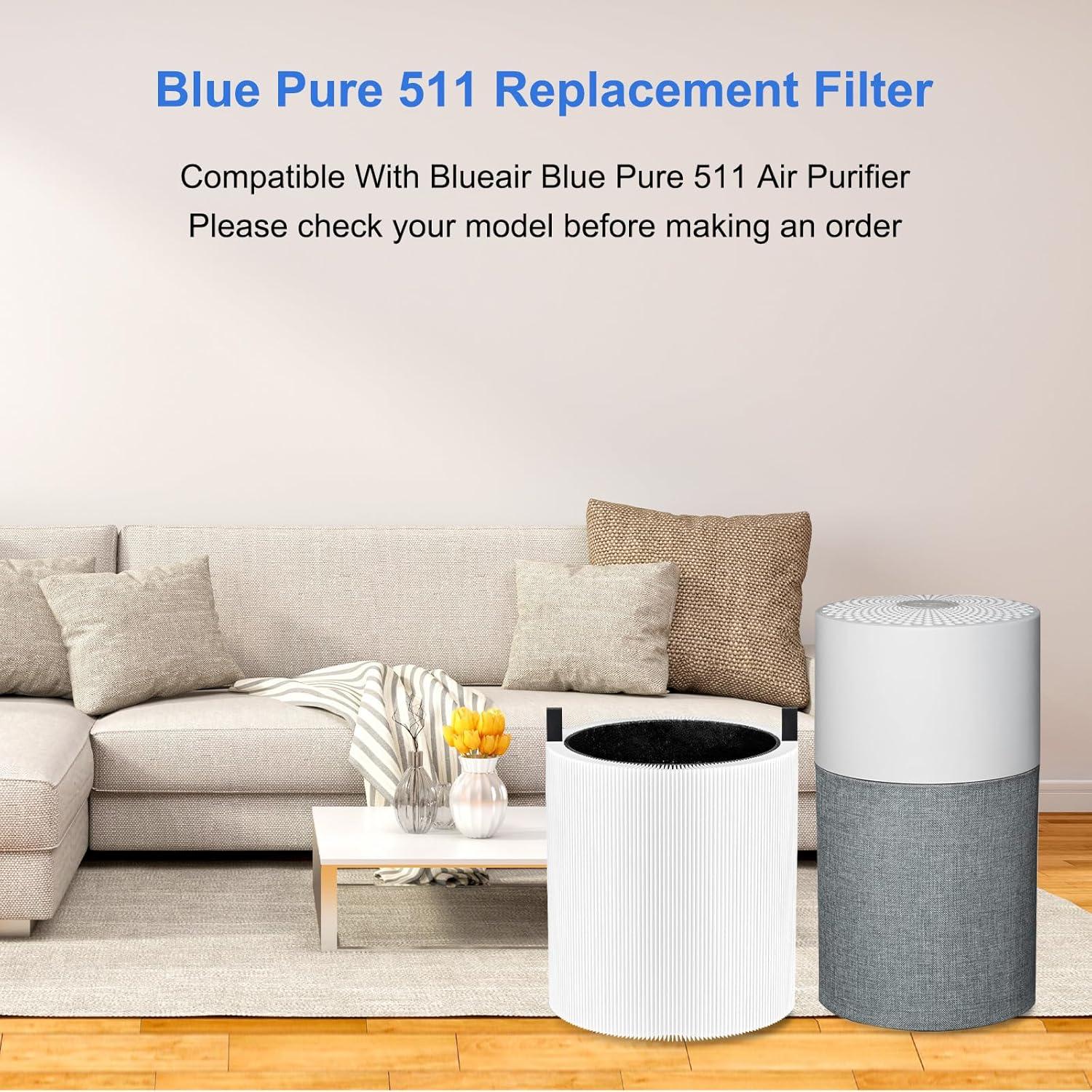 2 Pack Blue Pure 511 Filter Replacement Compatible With Blueair Blue Pure 511 Air Cleaner. Fit For Blue Air 511 Filter Replacement. 3-in-1 True HEPA Filter Particle And Activated Carbon Filter.