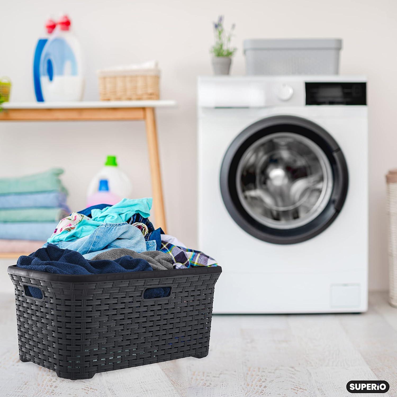 Superio Laundry Basket, Laundry Hamper, 50-liter wicker style basket with cutout handles, to storage dirty clothes, in washroom, or bedroom, grey.