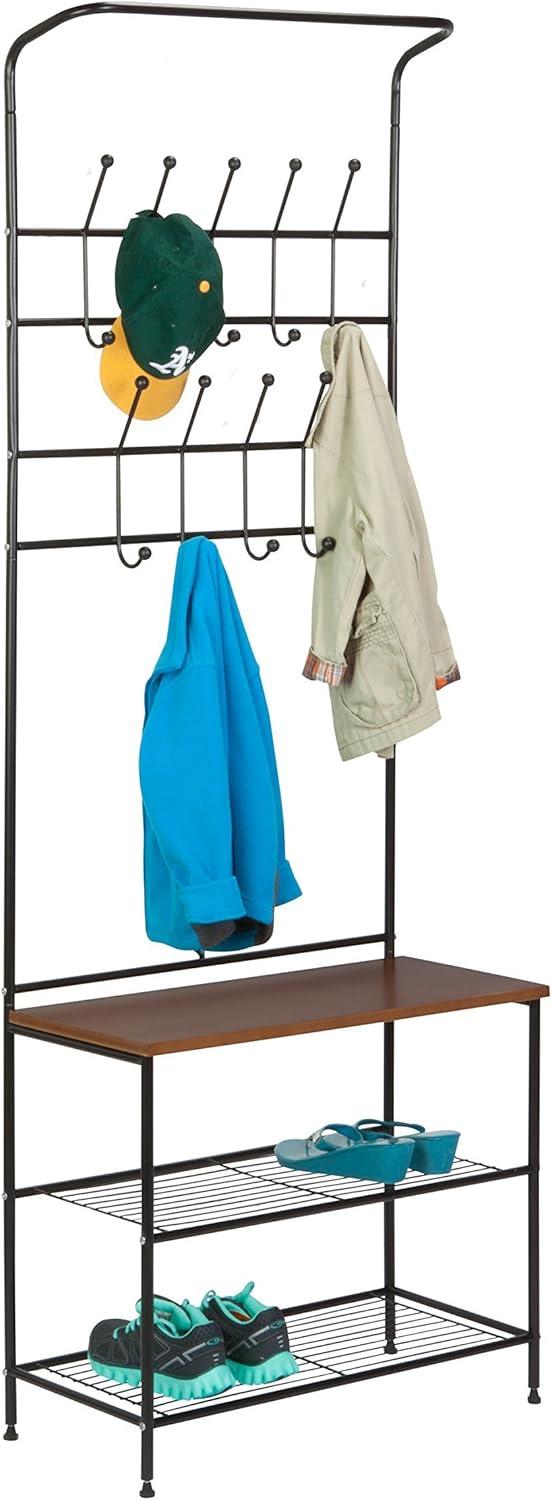 Versatile Black Metal Entryway Storage Valet with Bench and Hooks