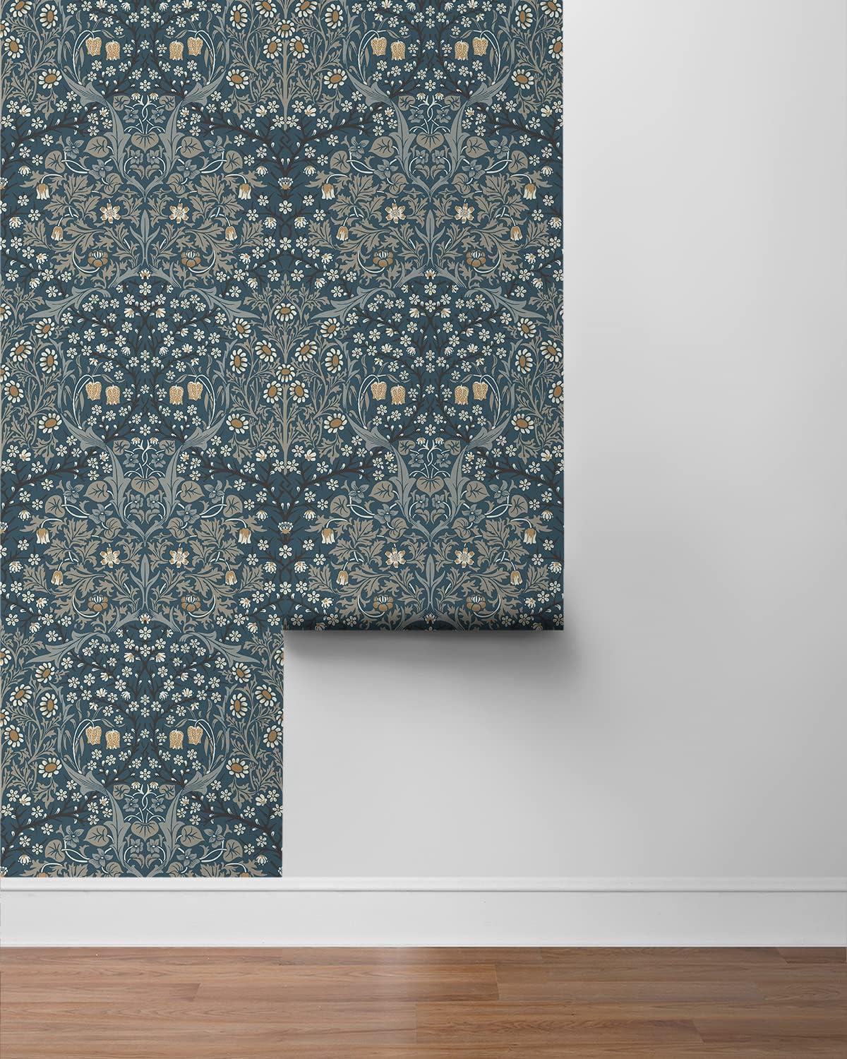 NextWall  Victorian Garden Floral Peel and Stick Wallpaper 20.9 in. W x 18 ft. L - Aegean Blue & Warm Stone