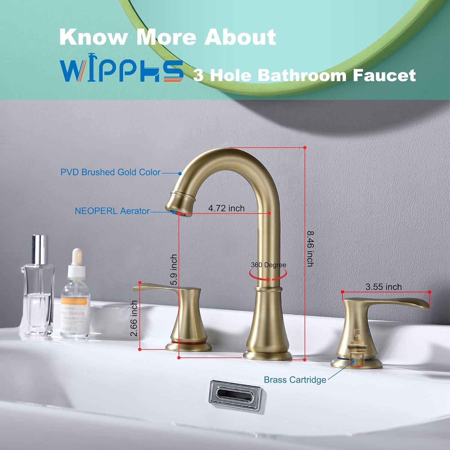 Adorer Bathroom Faucet for Sink 3 Hole with Pop-up Drain, 2 Handle 8 inch Brass Widespread Bathroom Sink Faucet, Brushed Gold Basin Faucet Taps Mixer