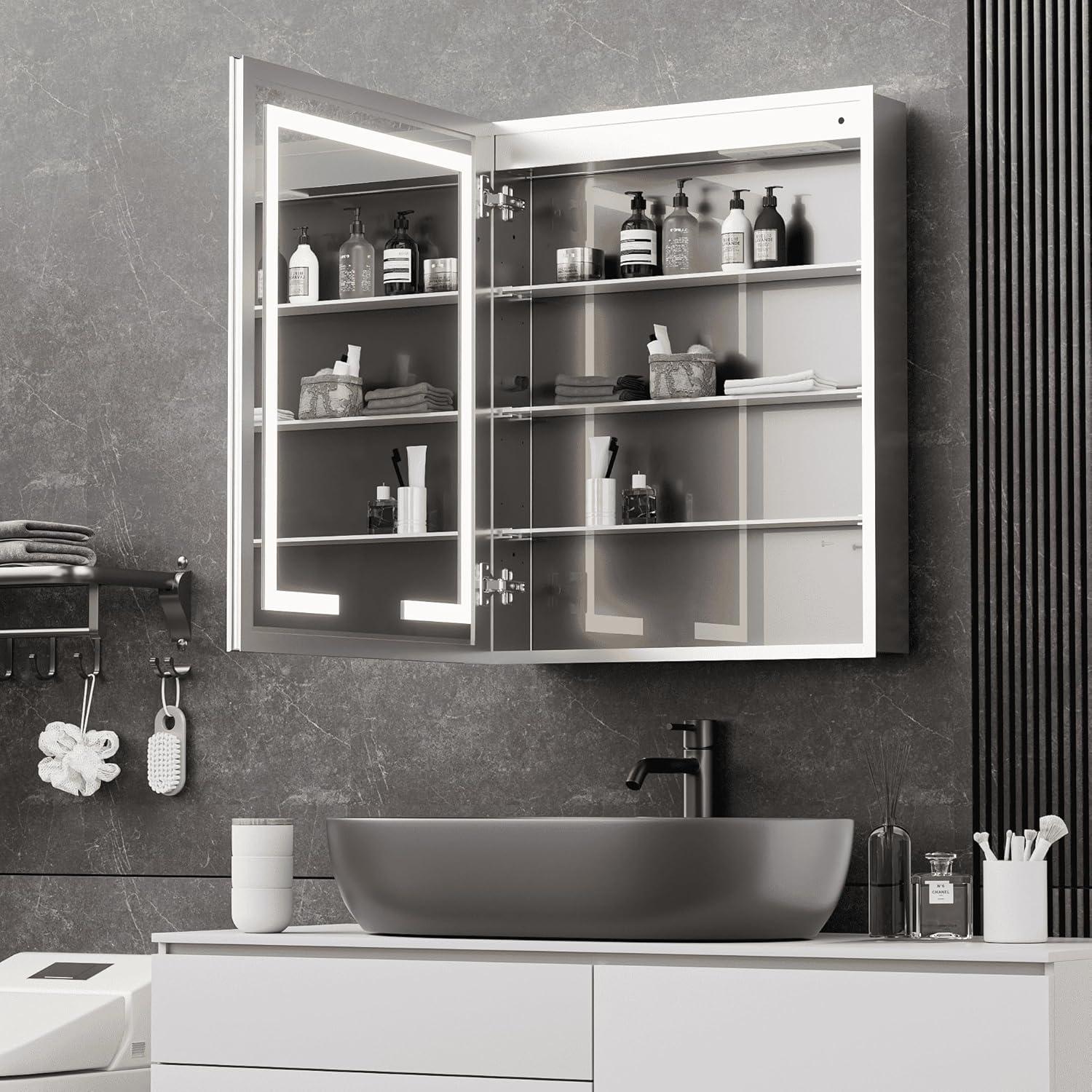 Ebern Designs Christhilde Medicine Cabinet with LED Mirror for Bathroom, Defog, Stepless Dimming, 3 Color Change, 2 Outlets, 2USB