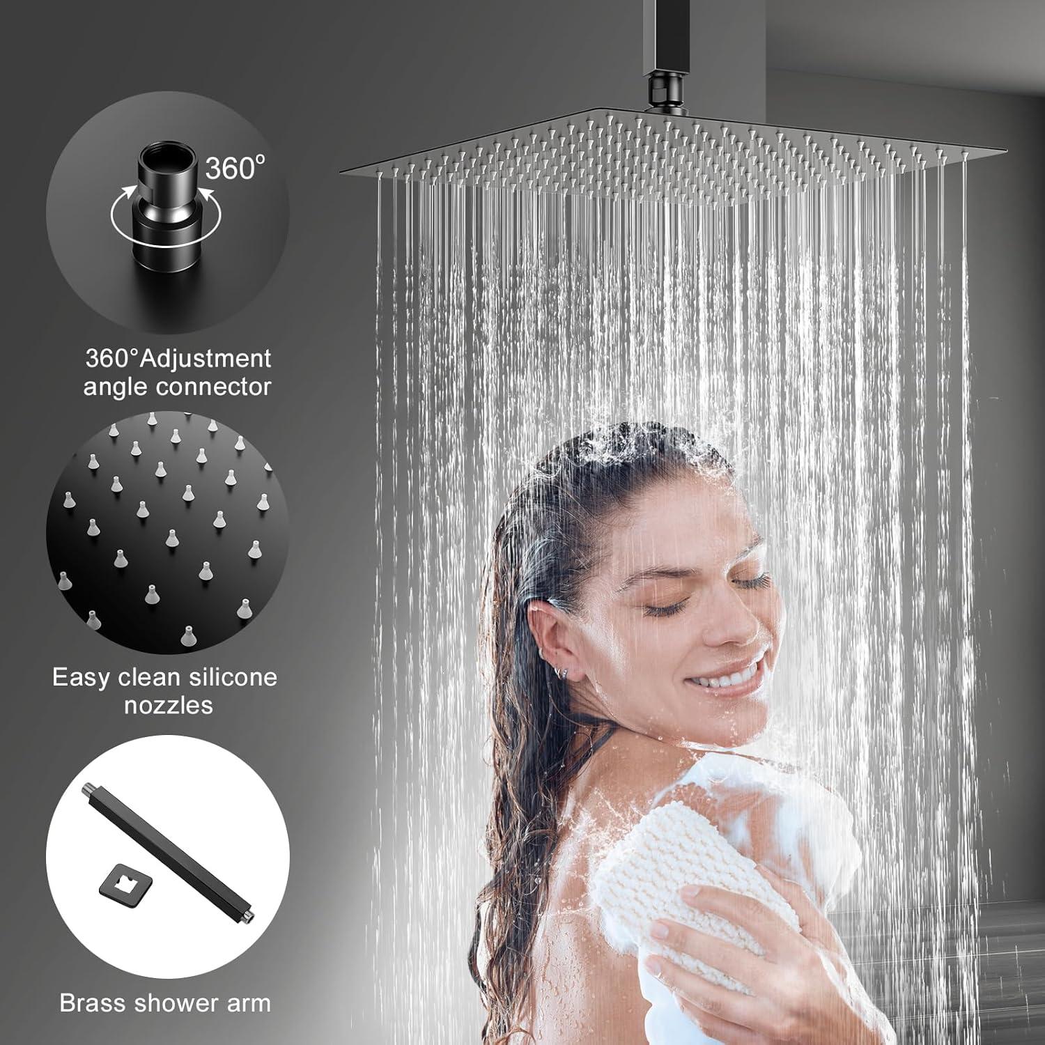 12" Ceiling Mounted Shower Head Pressure Balancing Rain Shower System with Rough-in Valve and Trim Kit