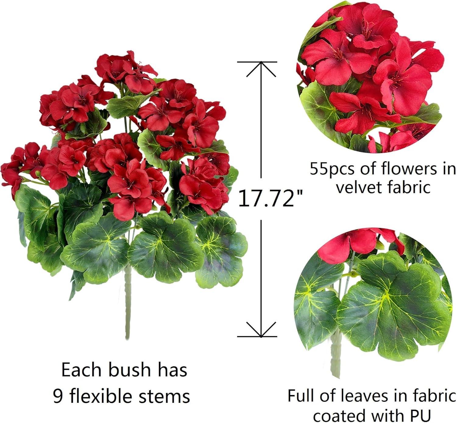 Pack of 4 - Artificial Geraniums Bundles Full Blooms Silk Flower Plants Geranium Bush Red Color for Home Garden Wedding Indoor Outdoor Decor (Red - Pack of 4)
