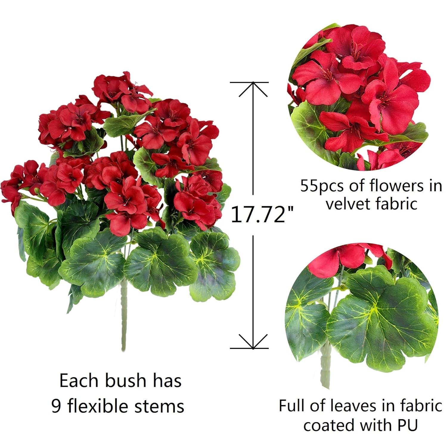 Pack of 4 - Artificial Geraniums Bundles Full Blooms Silk Flower Plants Geranium Bush Red Color for Home Garden Wedding Indoor Outdoor Decor (Red - Pack of 4)