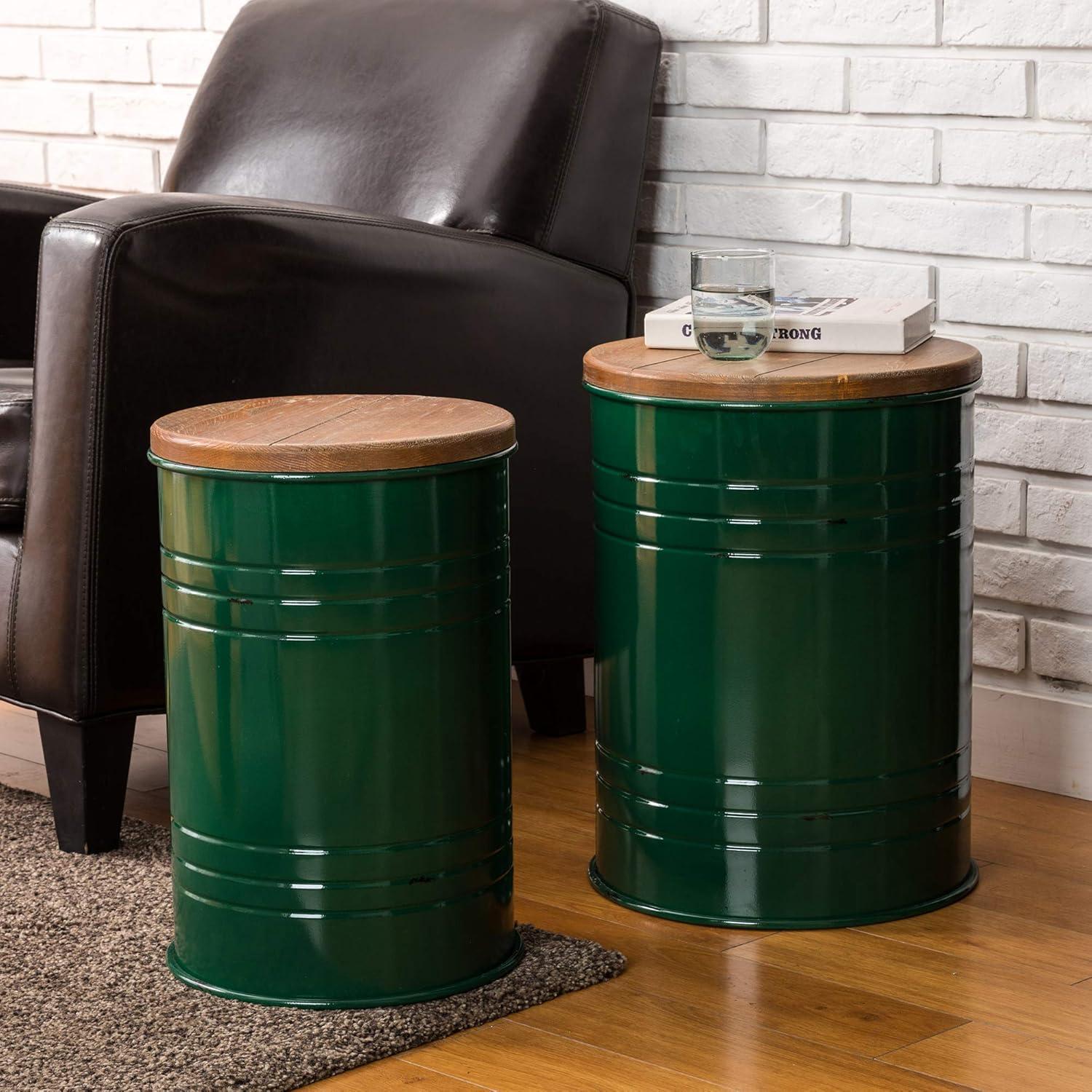 Glitzhome Rustic End Table Set of 2, Farmhouse Galvanized Metal Barrel Ottoman Storage Stool with Round Wood Lid for Living Room Furniture, Hunter Green