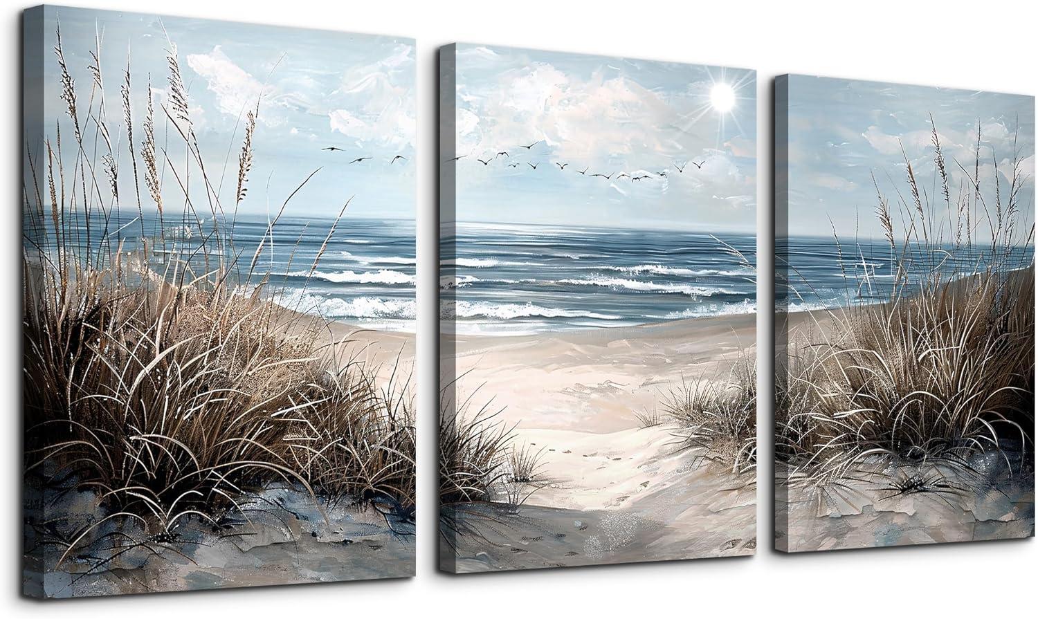 SERIMINO Beach Canvas Wall Art for Living Room, Blue Coastal Wall Decor for Bedroom, Seaside Pictures for Bathroom Wall Decoration, Ocean Painting Set for Office, Home Decor for Wall