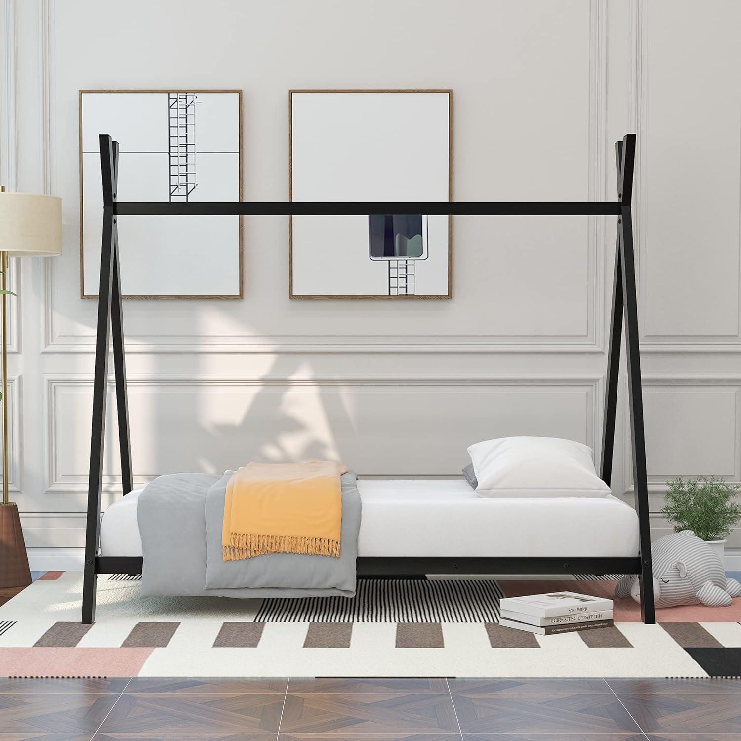 CITYLE Twin House Bed with Roof for Kids, Toddlers, Teens, Metal House Bed Frame with 20 Slats, Kids Twin Bed, No Box Spring Needed, Black