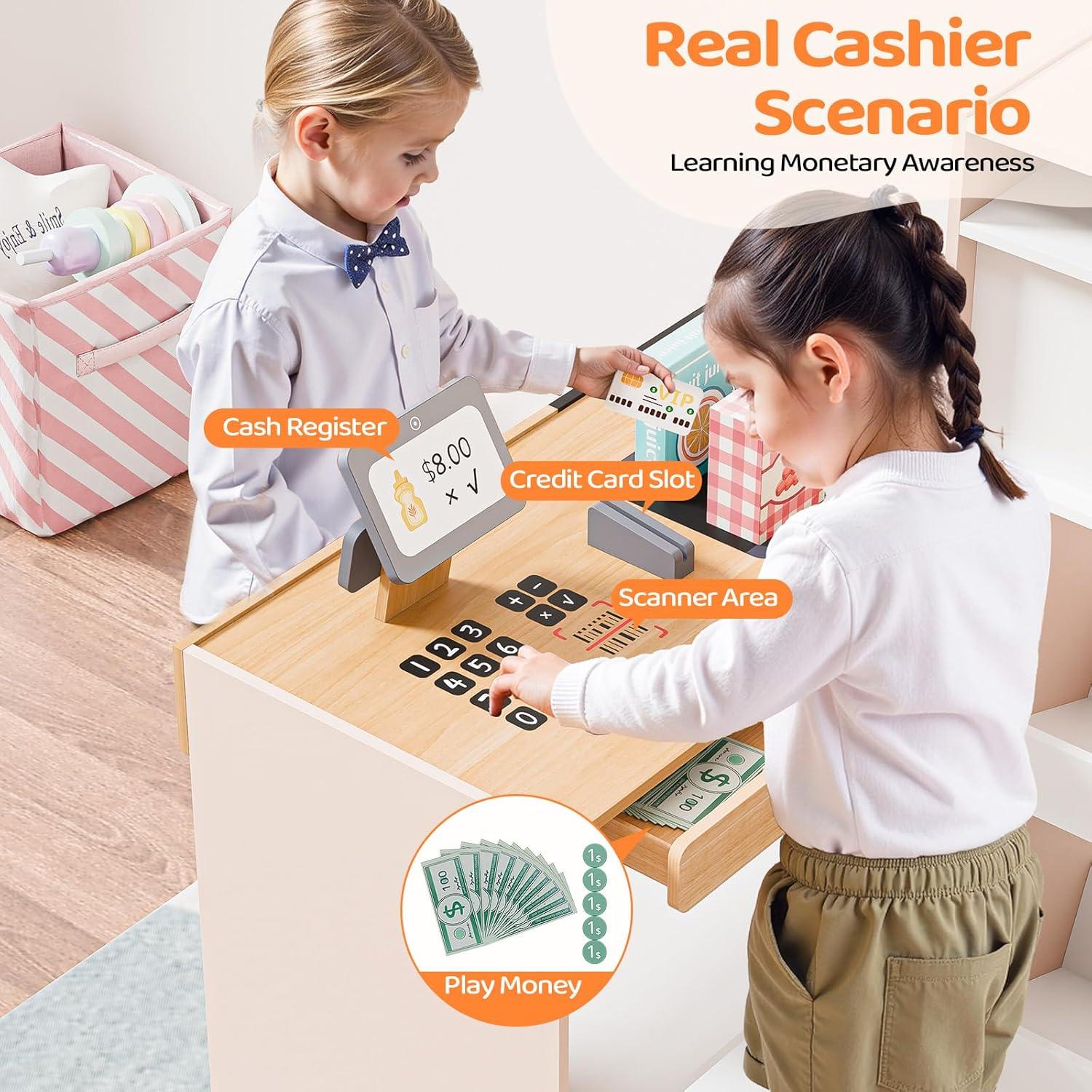 JOYMOR Grocery Store Pretend Play, Interactive Wooden Supermarket Toy Playset w/Vending Coffee Machine, Selling & Shopping Accessories 2-in-1, Toddler Play Store Perfect for Christmas Birthday Gifts