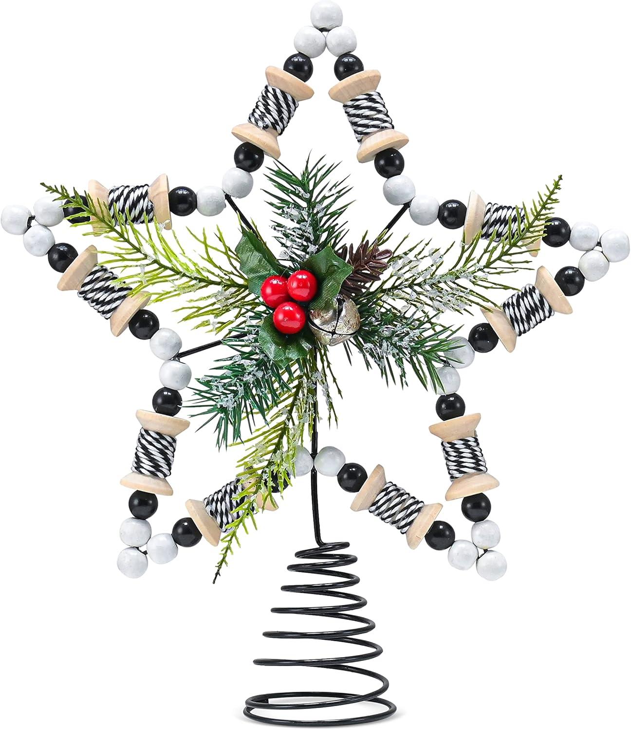 Rustic Rattan Star Tree Topper with Holly and Beads