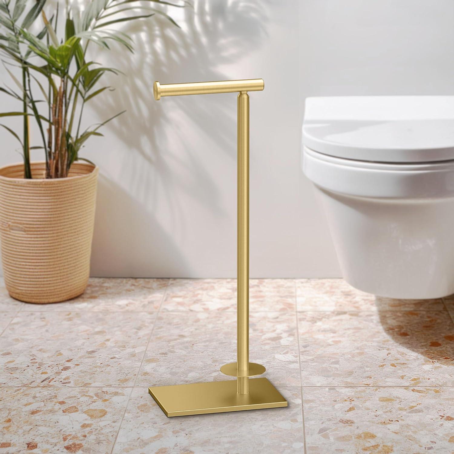 Brushed Brass Freestanding Toilet Paper Holder with Storage