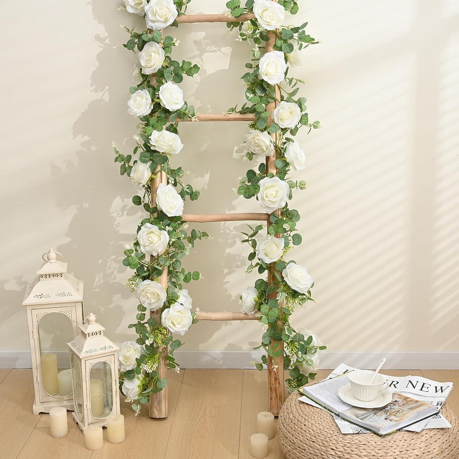 13Ft White Rose and Eucalyptus Artificial Garland Set