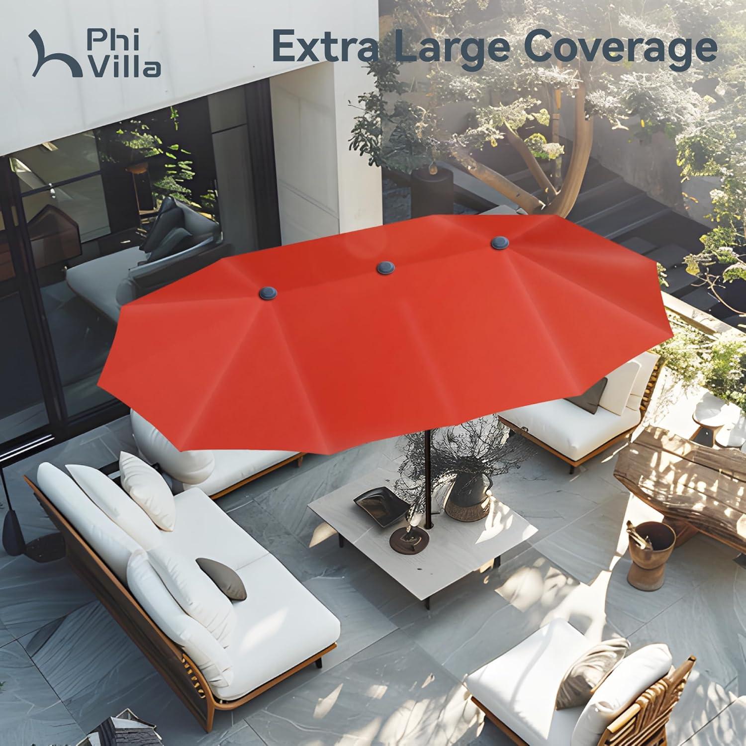 MAISON ARTS  Double-Sided 13-foot Twin Outdoor Market Crank Umbrella with Colored LED Lights Red-No Lights
