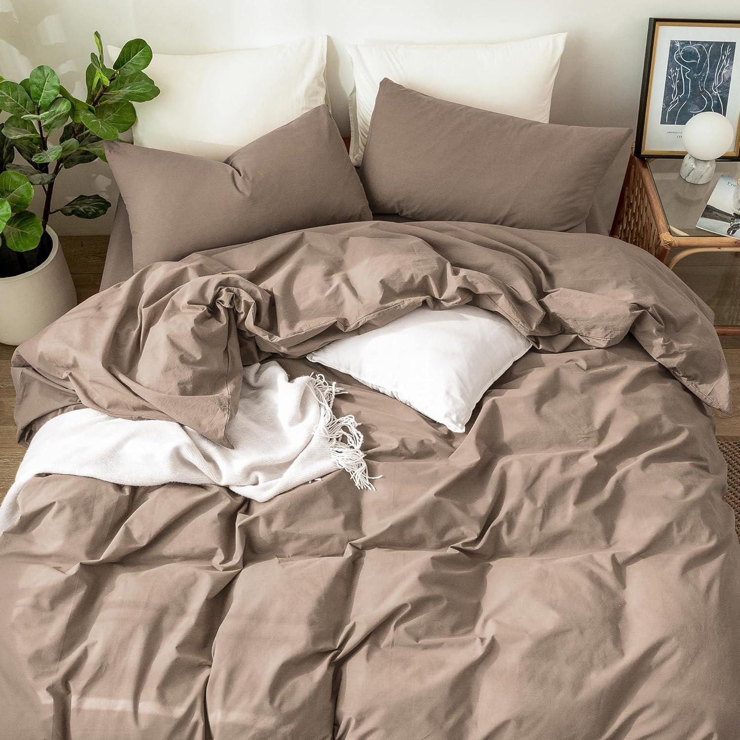 MooMee Washed Cotton Duvet Cover Set Linen Like Textured Breathable 3-Piece (Brown, Queen)