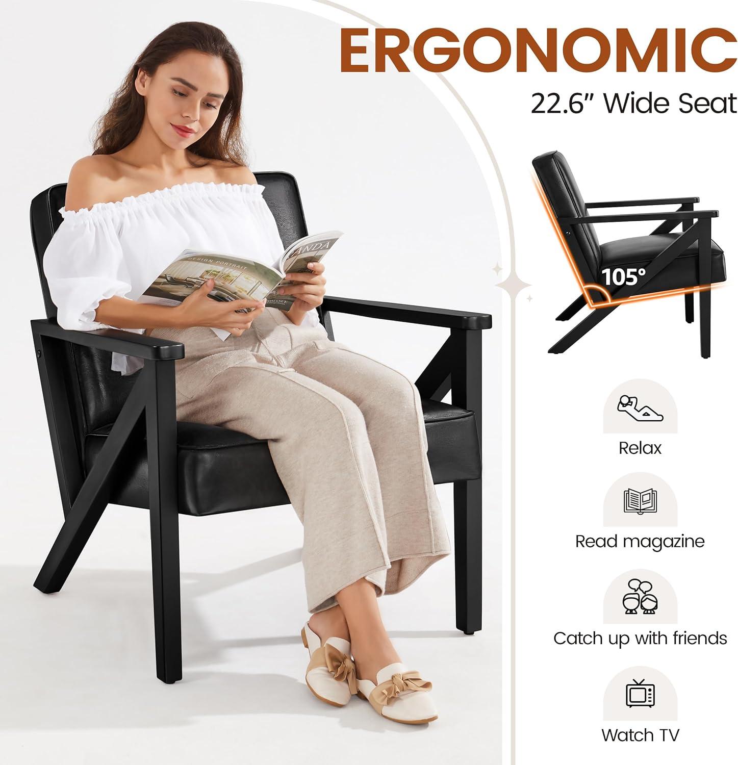 Yaheetech Faux Leather Armchair Accent Chair with Wood Legs for Living Room, Black
