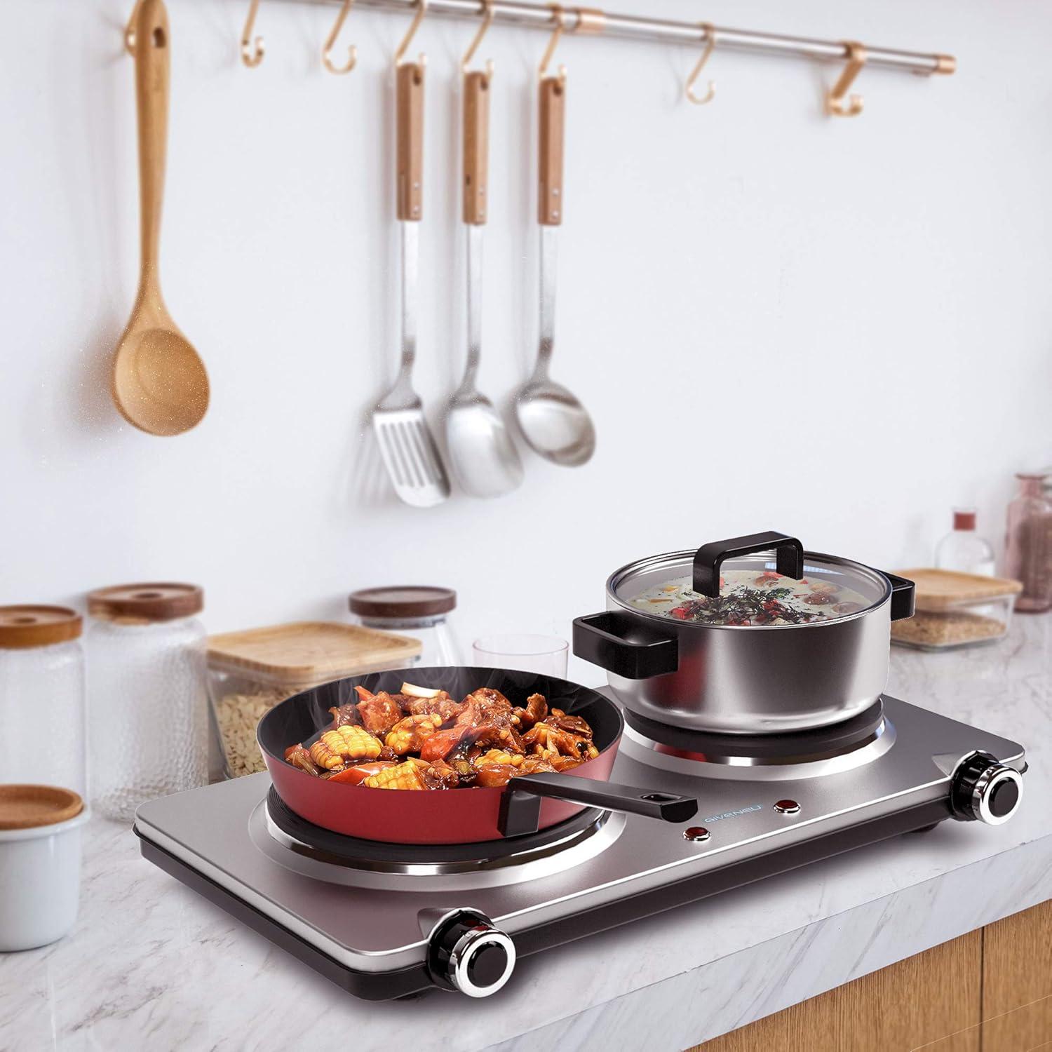 Electric Double Burner Hot Plate for Cooking, 1800W Portable Electric Stove, 6 Speed Adjustable Thermostats, Stainless Steel Hot Plate for Kitchen, Dorm and Camping