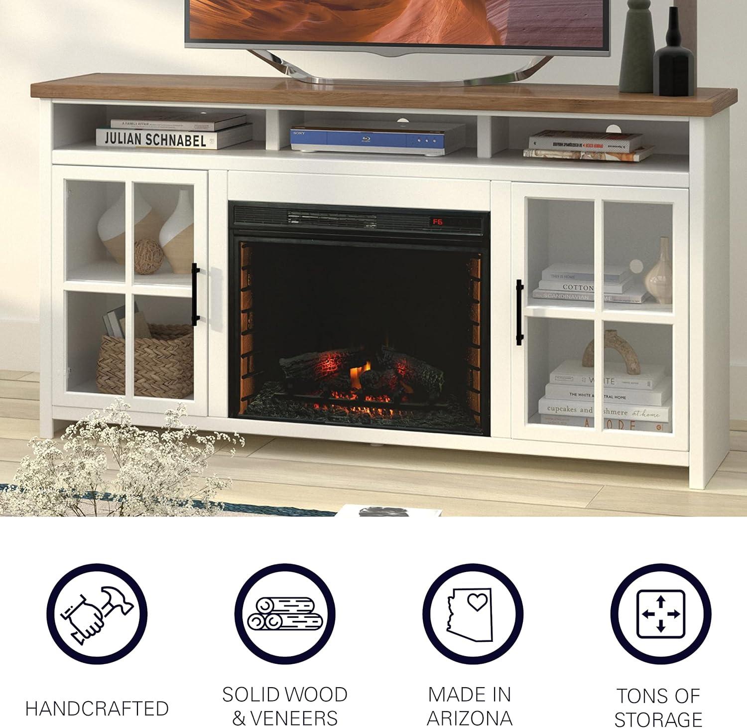 Hampton 74" White Wood TV Stand with Fireplace