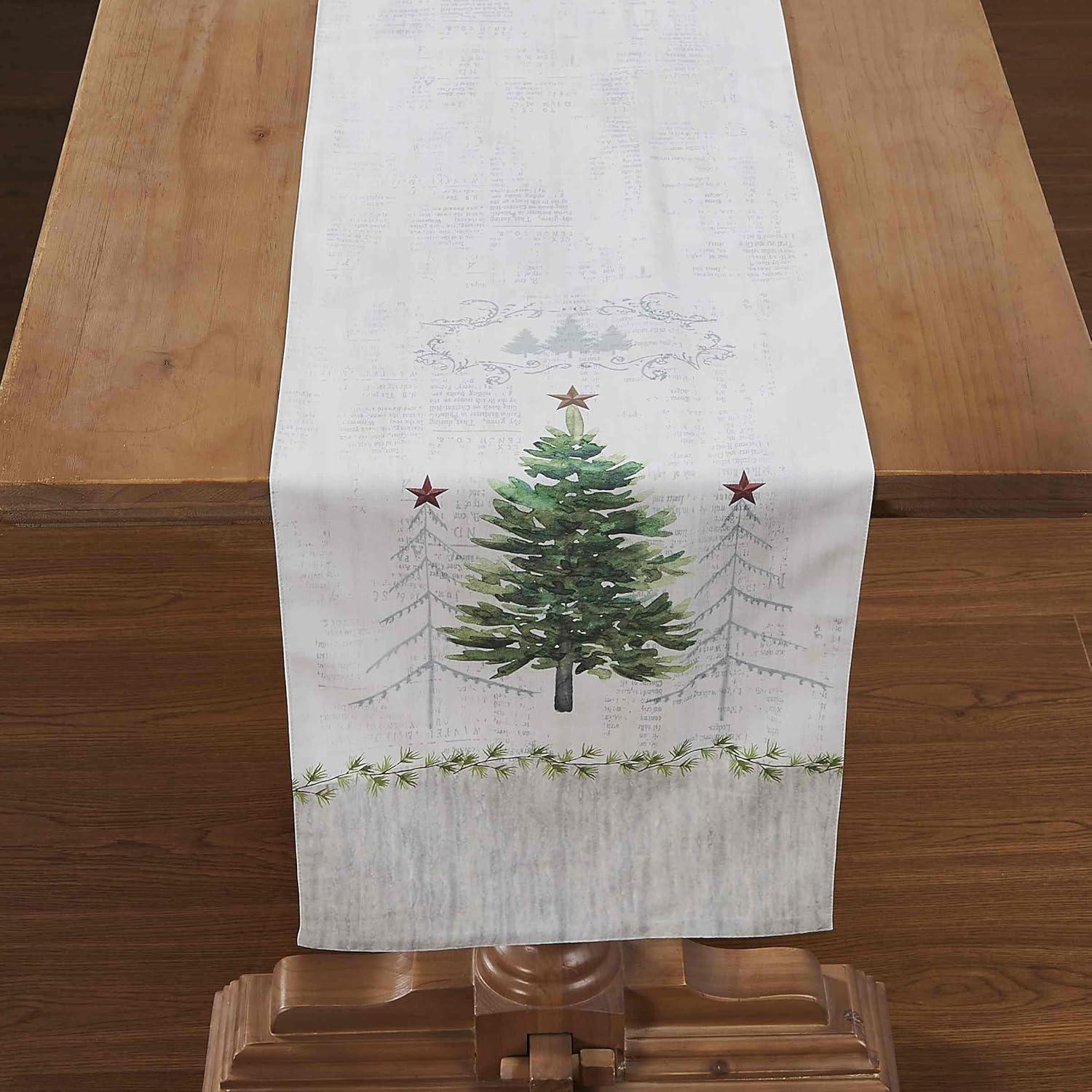 Festive Off-White and Green Polyester Christmas Table Runner