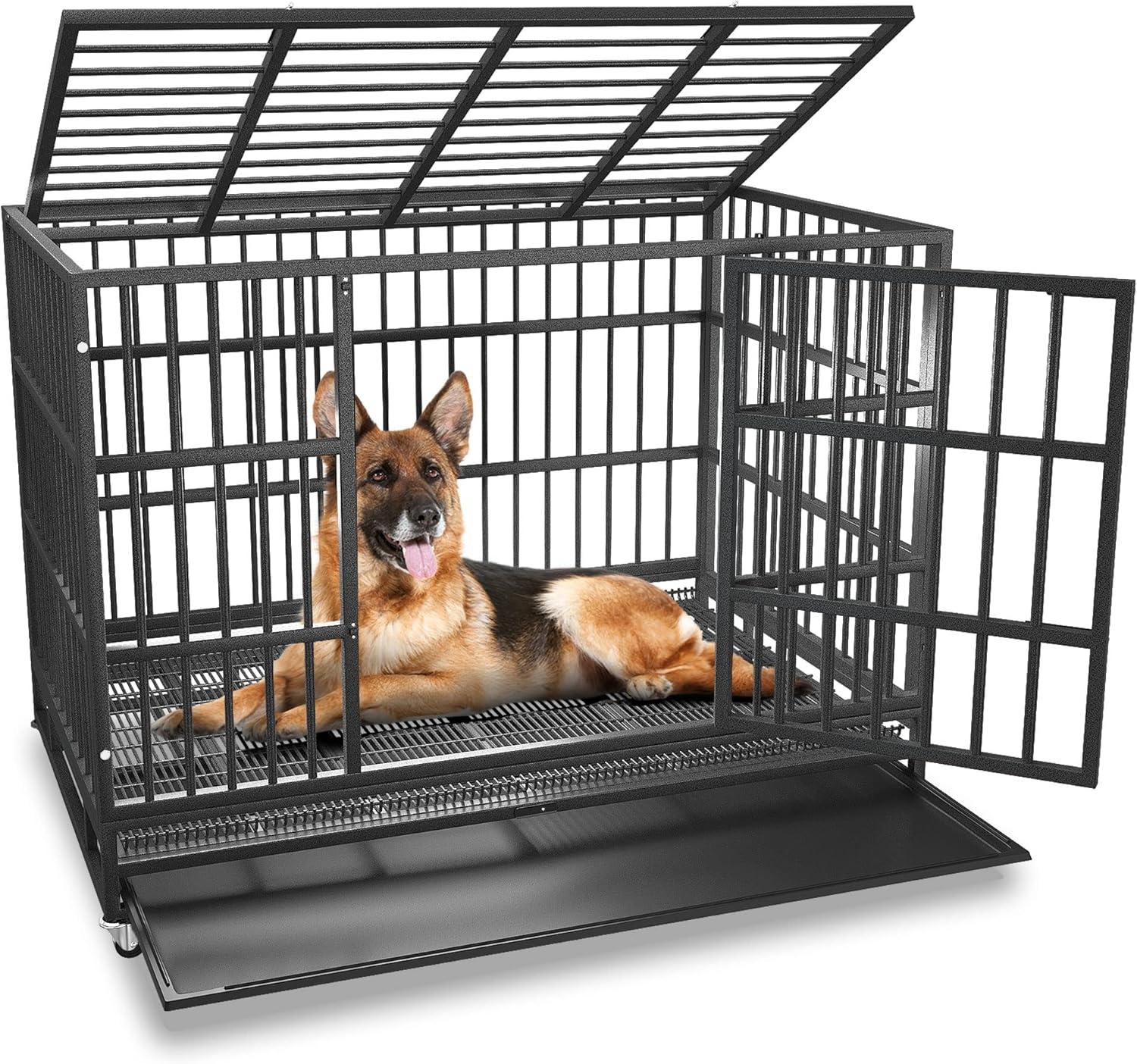 Large Black Steel Rolling Dog Crate with Double Doors