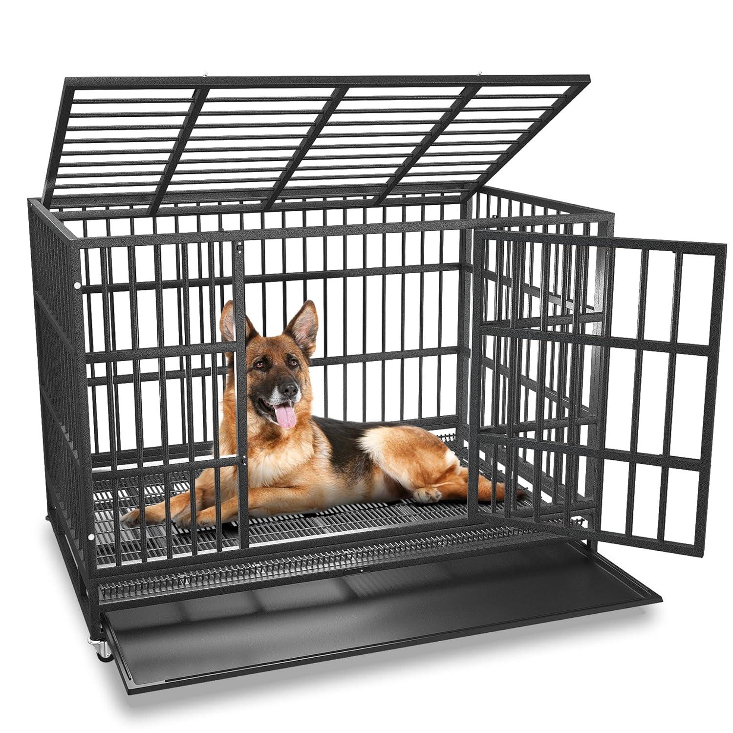 Boldbone 48/38 inch Heavy Duty Indestructible Dog Crate Cage Kennel for Large Dogs, High Anxiety Dog Crate with Removable Crate Trays, Wheels and Double Door, Extra Large XL XXL Escape Proof Dog Crate