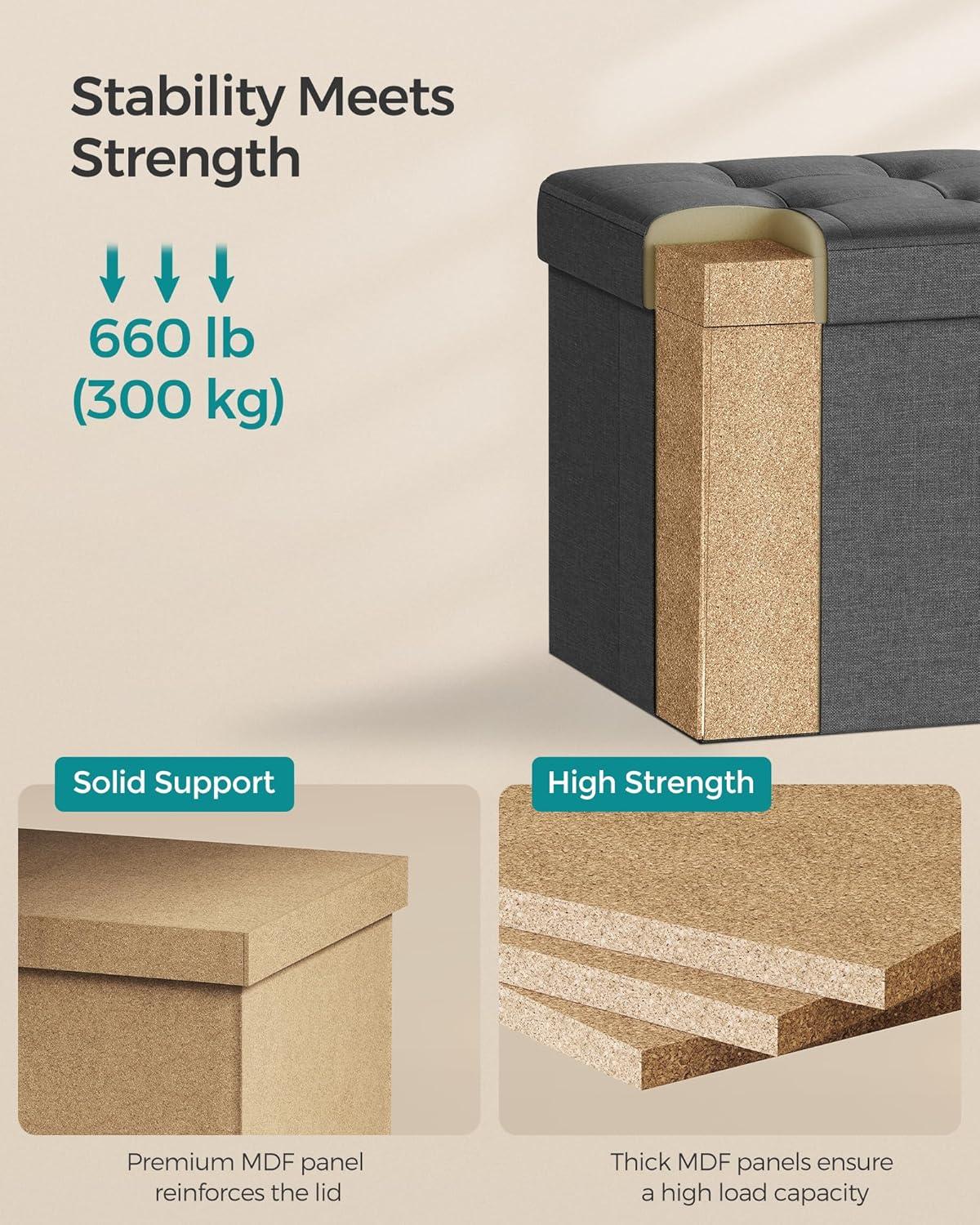 SONGMICS 15 Inches Folding Storage Ottoman Bench, Storage Chest, Foot Rest Stool, Bedroom Bench with Storage, Dark Gray