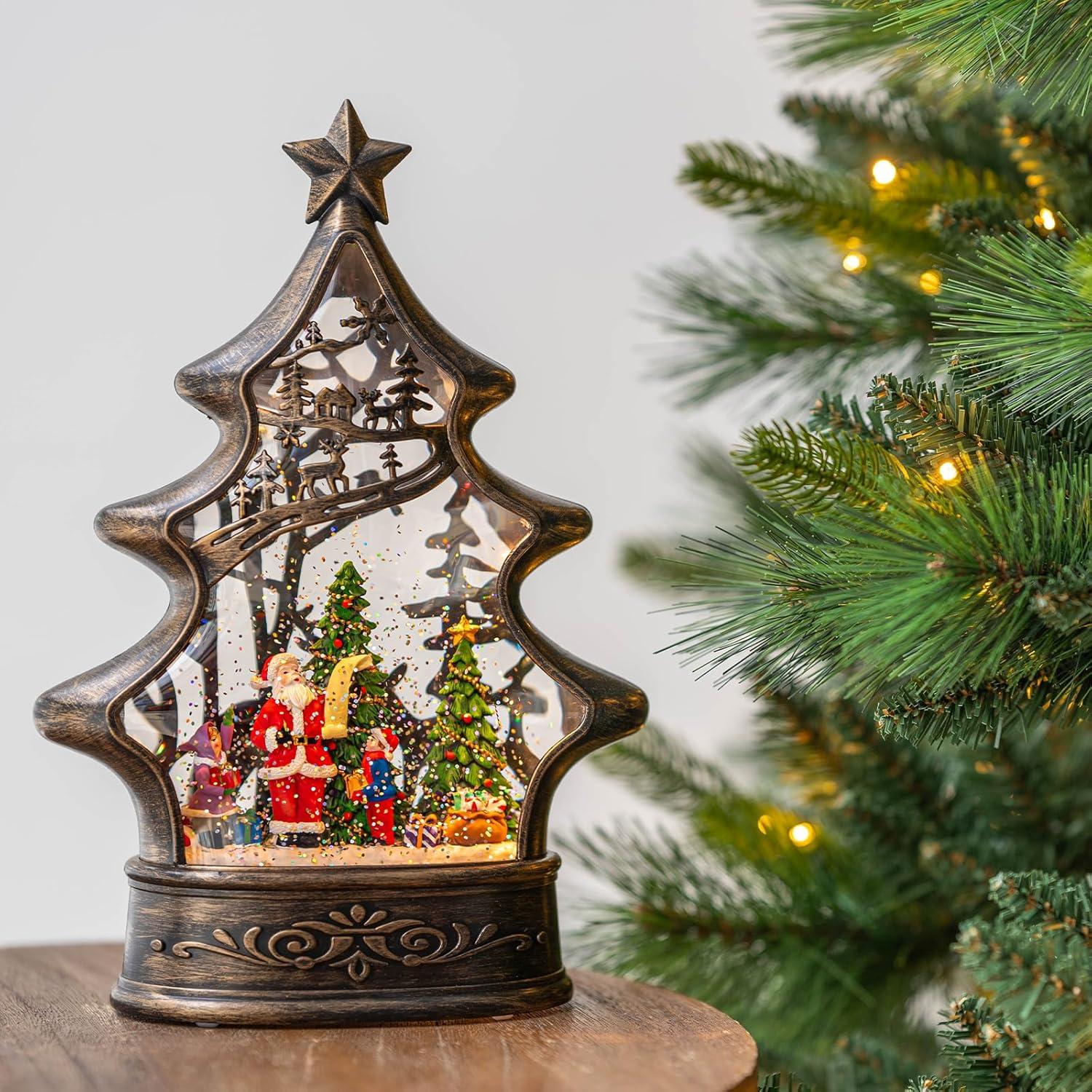 Bronze Christmas Tree Lantern Snow Globe with Santa Scene