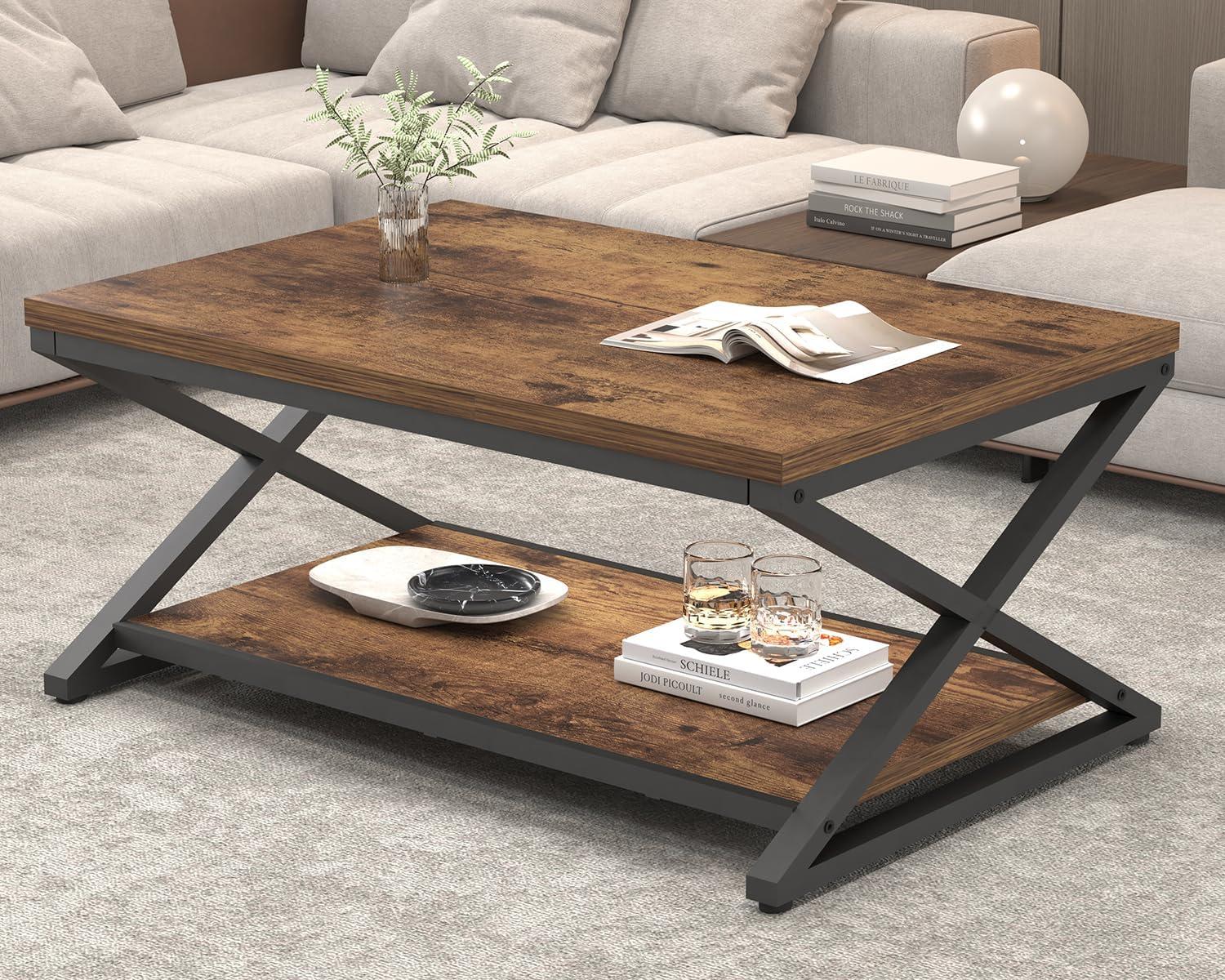 Rustic Brown Metal Frame Rectangular Coffee Table with Storage