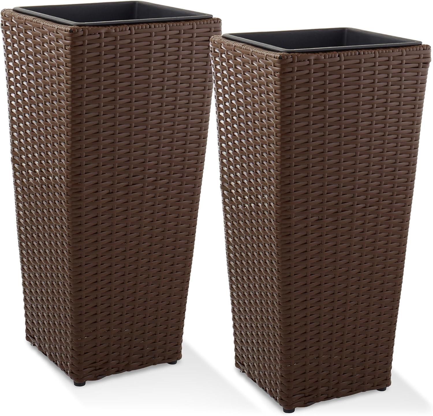Casafield All-Weather Outdoor Planters with Liners - Set of 2, Tall Tapered Plant Boxes with Flower Pots for Front Porch, Patio, Garden - Espresso