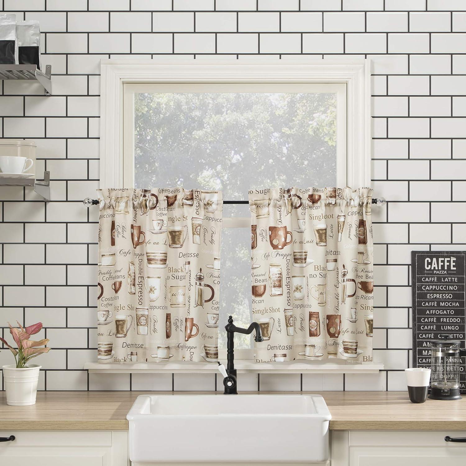 Ivory Coffee Shop Print Semi-Sheer Rod Pocket Kitchen Curtain Set