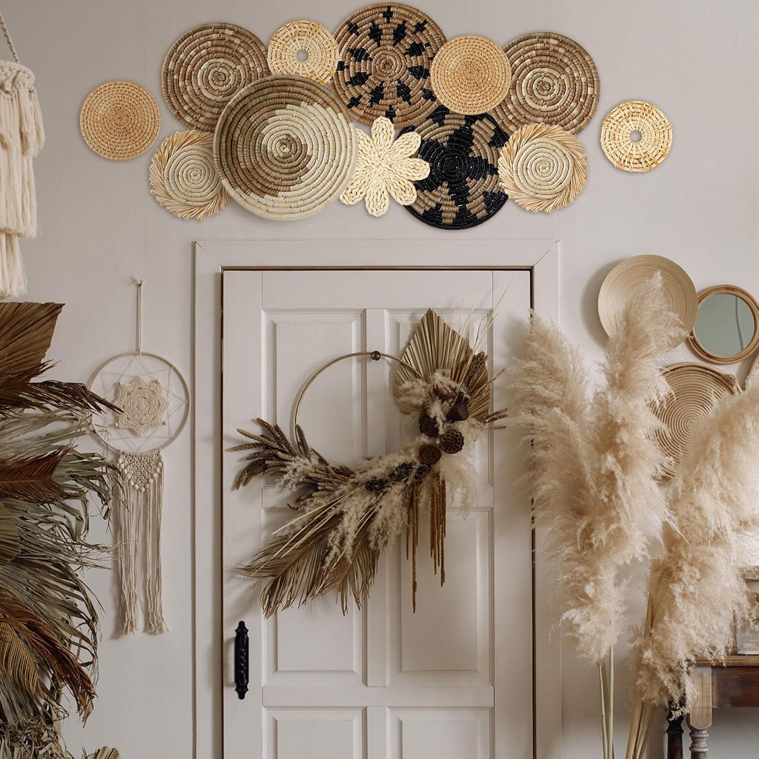 Tatuo 11 Pcs Boho Wall Basket Decor Decorative Bulrush Woven Basket Wall Decor Art Round Farmhouse Hanging Baskets for Kitchen Rustic Home Summer Decorations, Multi Sizes(Retro)