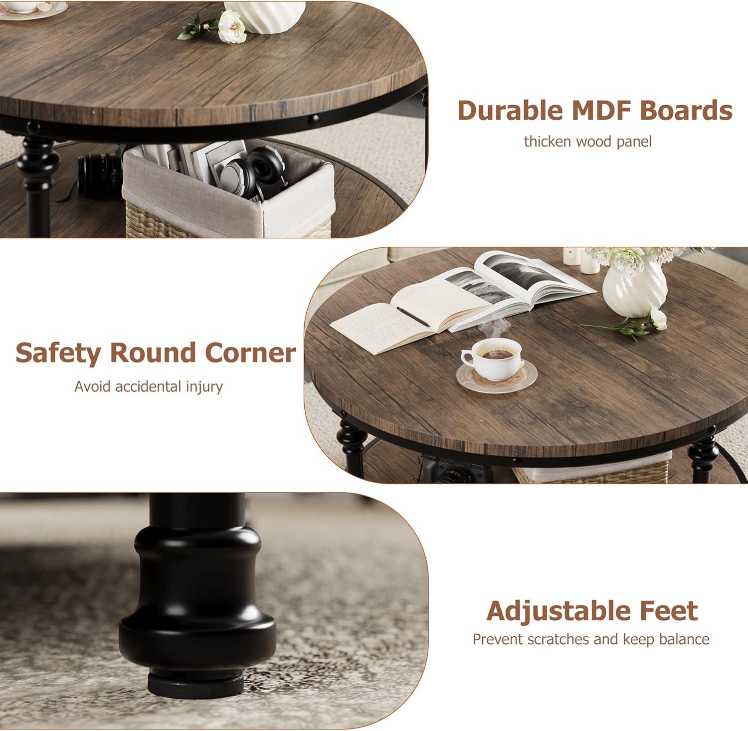 Jiowenm Round Coffee Table Living Room Wood Center Table with Storage Shelf Rustic Circle Coffee Table with Sturdy Metal Legs, Easy Assembly(Light Walnut)