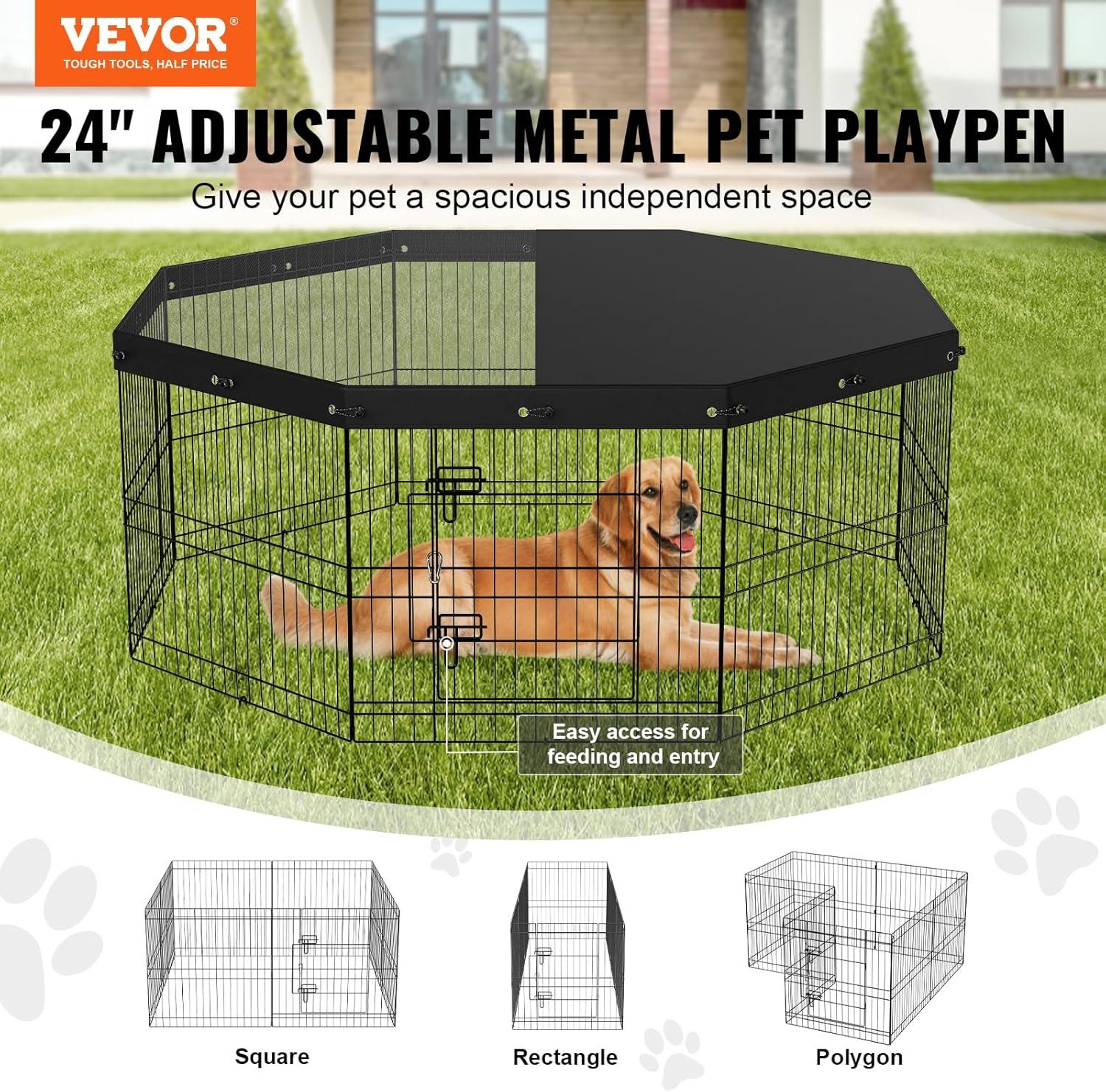 VEVOR Dog Playpen, 8 Panels Foldable Metal Dog Exercise Pen 24" H Pet Fence Puppy Crate Kennel with Ground Stakes Top Cover