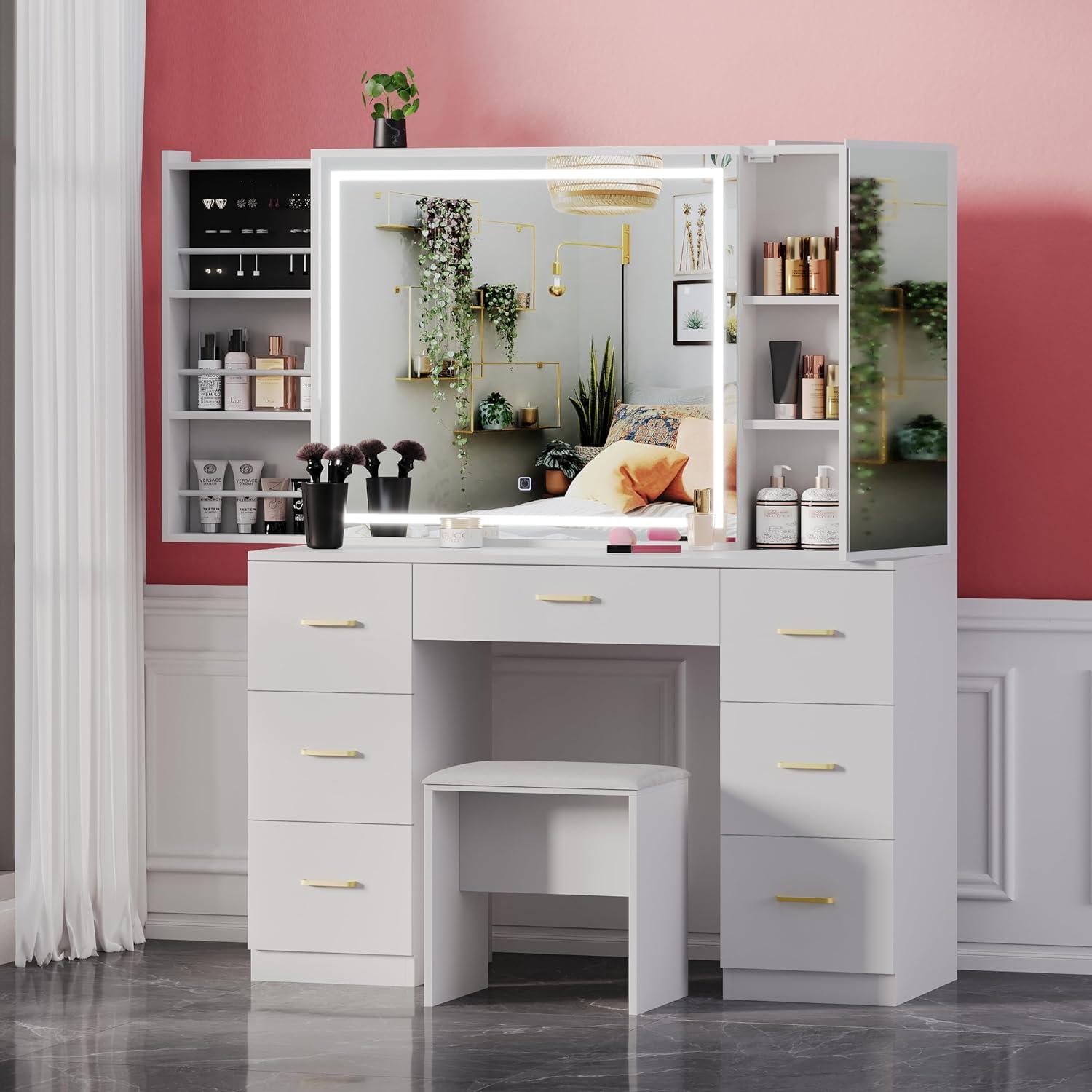 Vanity Desk with Lighted Mirror,Makeup Table with 7 Drawers,Wildhome Brand,Adult Age Group