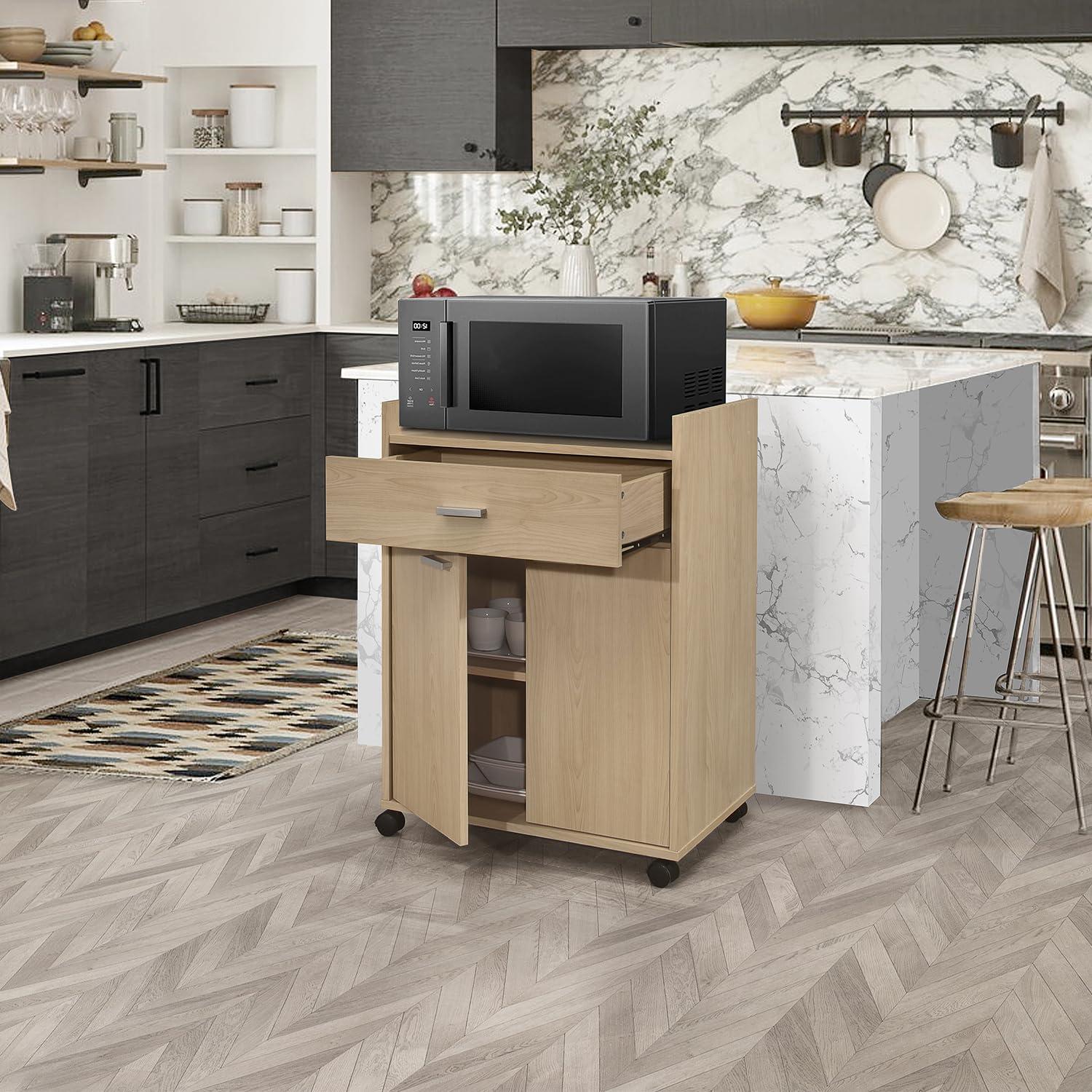 Kings Brand Furniture Northbury 2-Door Microwave Accent Kitchen Cabinet Rolling Cart (Beech)