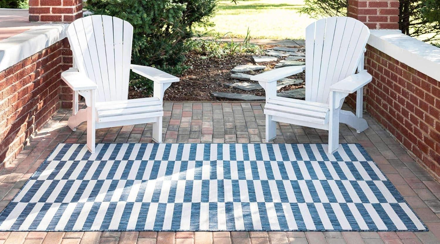 Unique Loom Outdoor Striped Collection Area Rug - Striped (4' 1" x 6' 1" Rectangle Blue/Ivory)