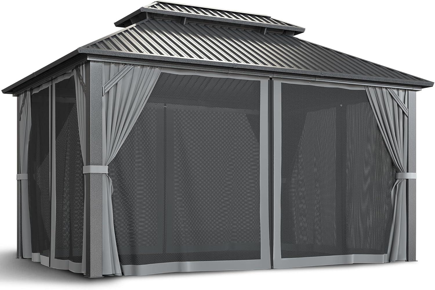 Barton 10x14 Gazebo, Hardtop Gazebo With Aluminum Frame, Double Galvanized Steel Roof, Curtains and Netting Included, Metal Gazebos Pergolas for Patios, Garden, Parties, Lawns