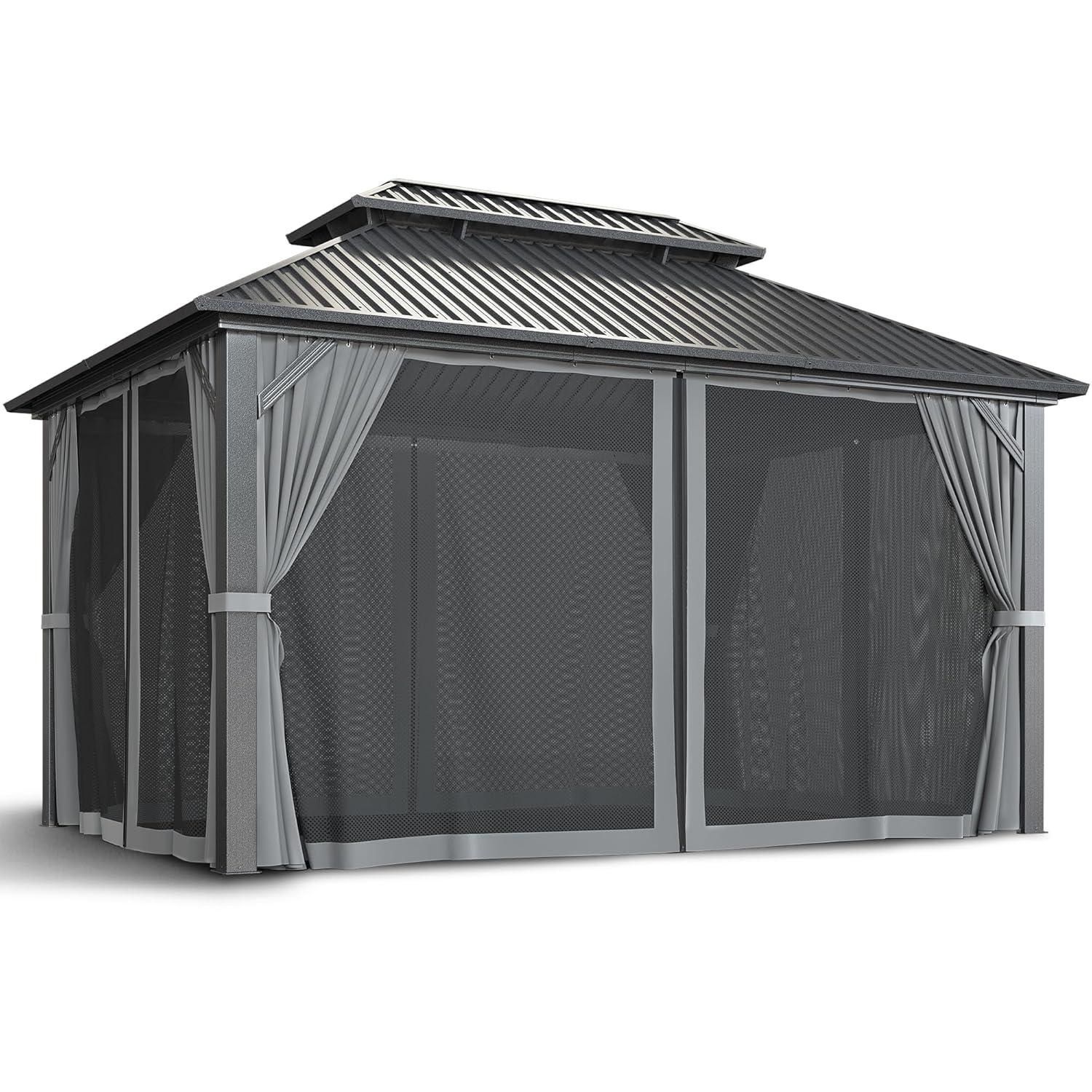 Barton 10x14 Gazebo, Hardtop Gazebo With Aluminum Frame, Double Galvanized Steel Roof, Curtains and Netting Included, Metal Gazebos Pergolas for Patios, Garden, Parties, Lawns