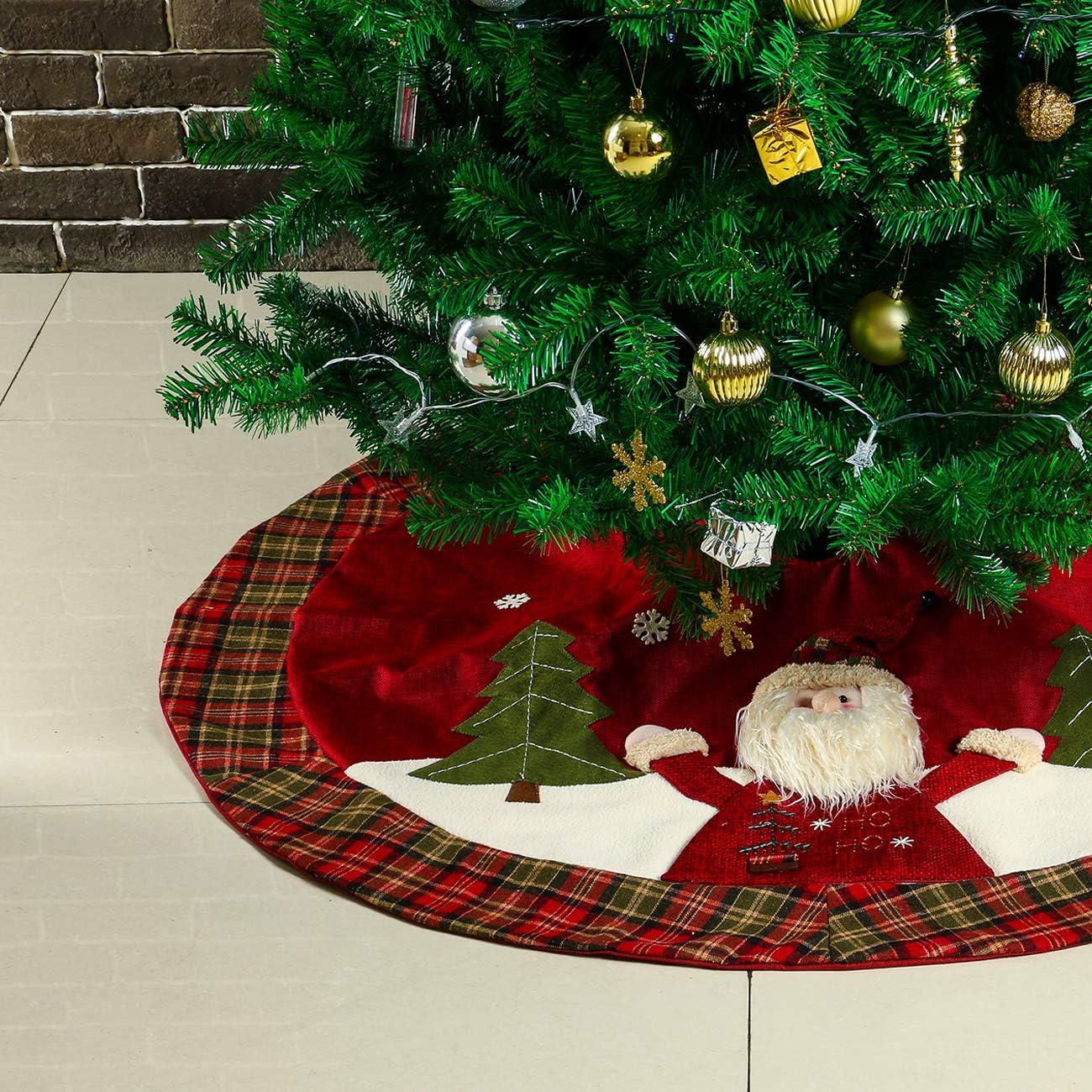 48" Red Burlap Christmas Tree Skirt with Santa and Plaid Edges