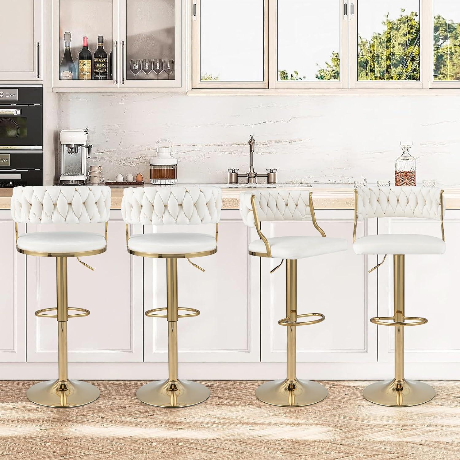 Spaco Swivel Barstool with Woven Back Set of 2 for Kitchen Island Cafe-White, Bar Height Stools, Counter Height Bar Stools for Kitchen, Dining Room