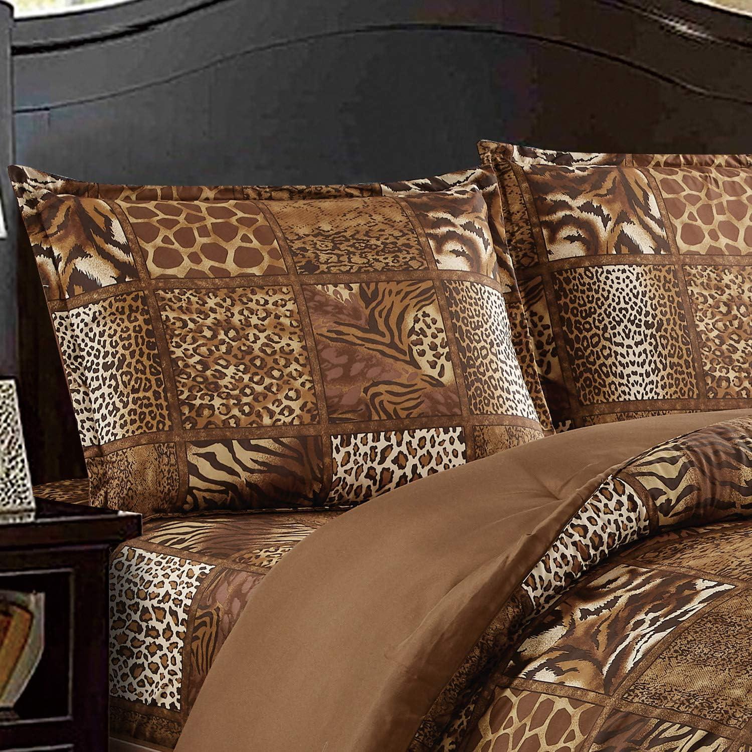 WPM 2 Piece Animal Print Comforter with Pillow Sham, Chocolate Brown Leopard Zebra Giraffe Jungle Forest Theme Design Twin Size Bedding set- Safari