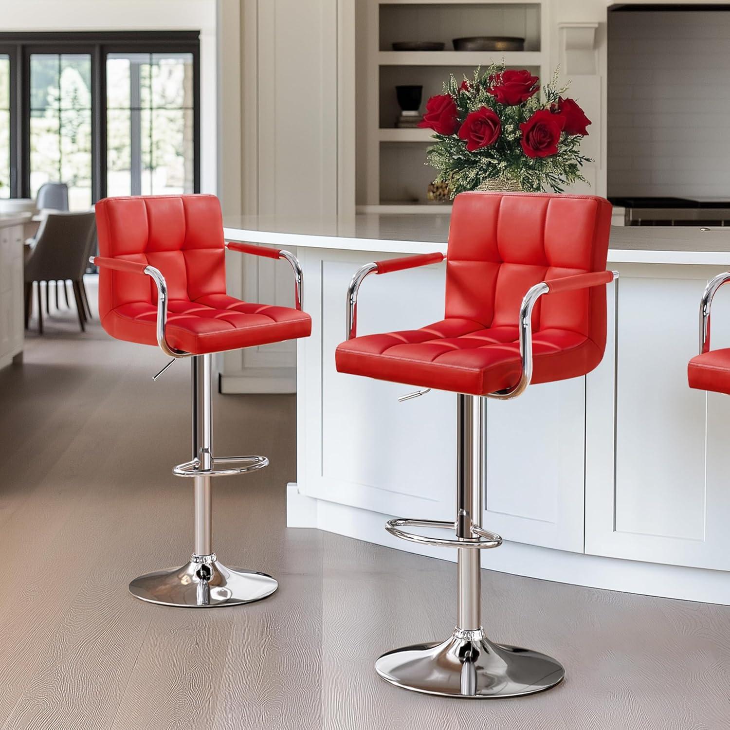 Killeryuki Tall Bar Stools Set of 2 Modern Square PU Leather Adjustable BarStools Counter Height Stools with Arms and Back Bar Chairs 360° Swivel Stool, Red