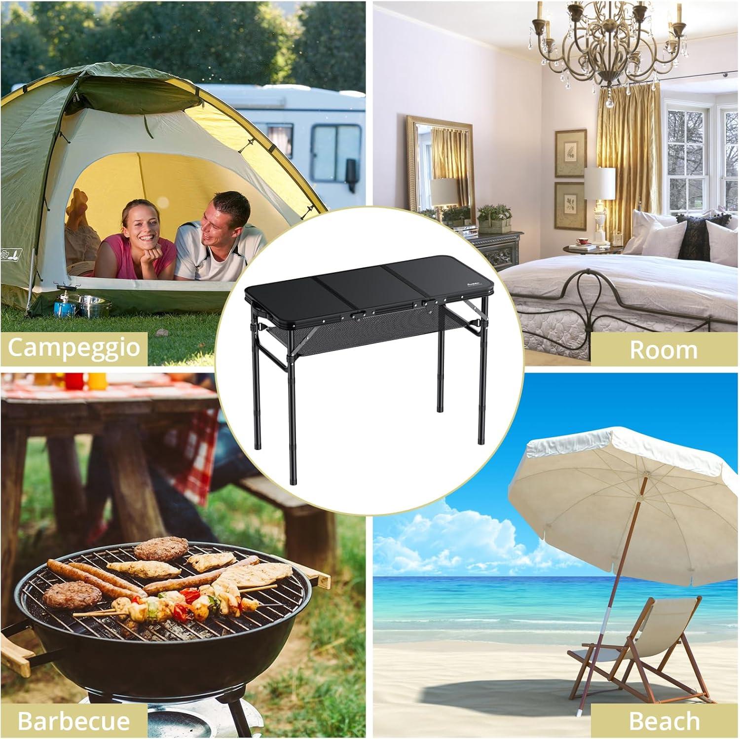 Black Aluminum Folding Camping Table with Adjustable Heights and Storage Net