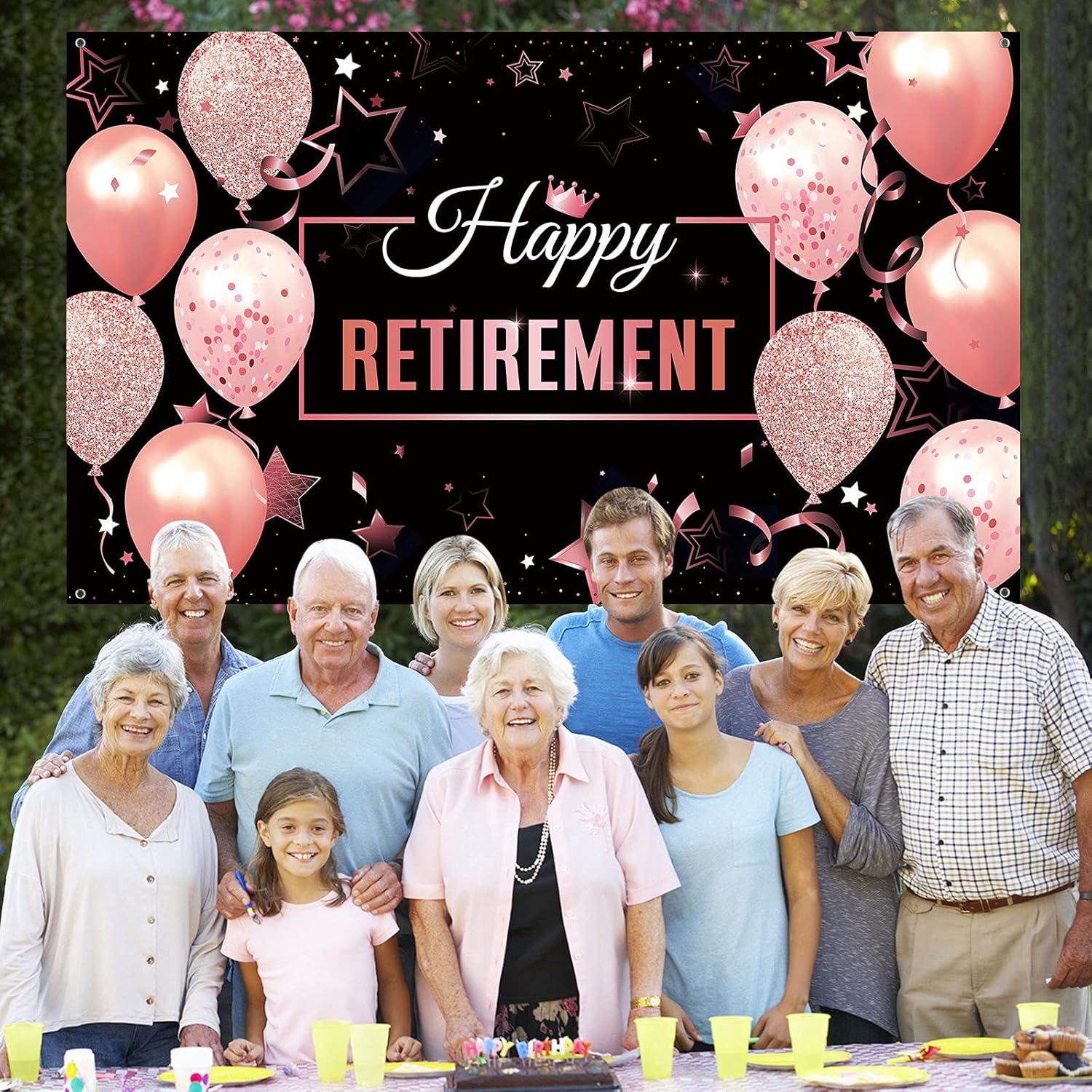 Blulu Retirement Party Decorations, Extra Large Fabric Retire Sign Banner Photo Booth Backdrop Background with Rope for Retirement Party Favor(72.8 x 43.3 Inch,Black and Rose Pink)