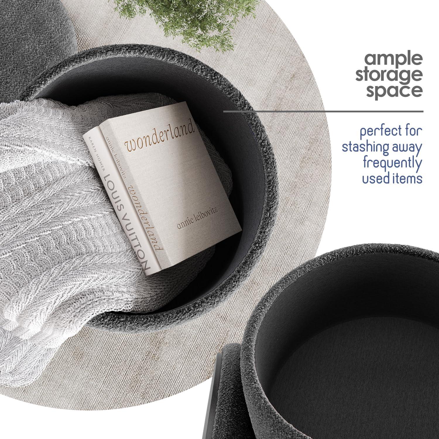 StorageBud Round Ottoman with Storage, Boucle Storage Ottoman, Modern Foot Stool Ottoman for Living Room and Bedroom, Gray/Black Legs