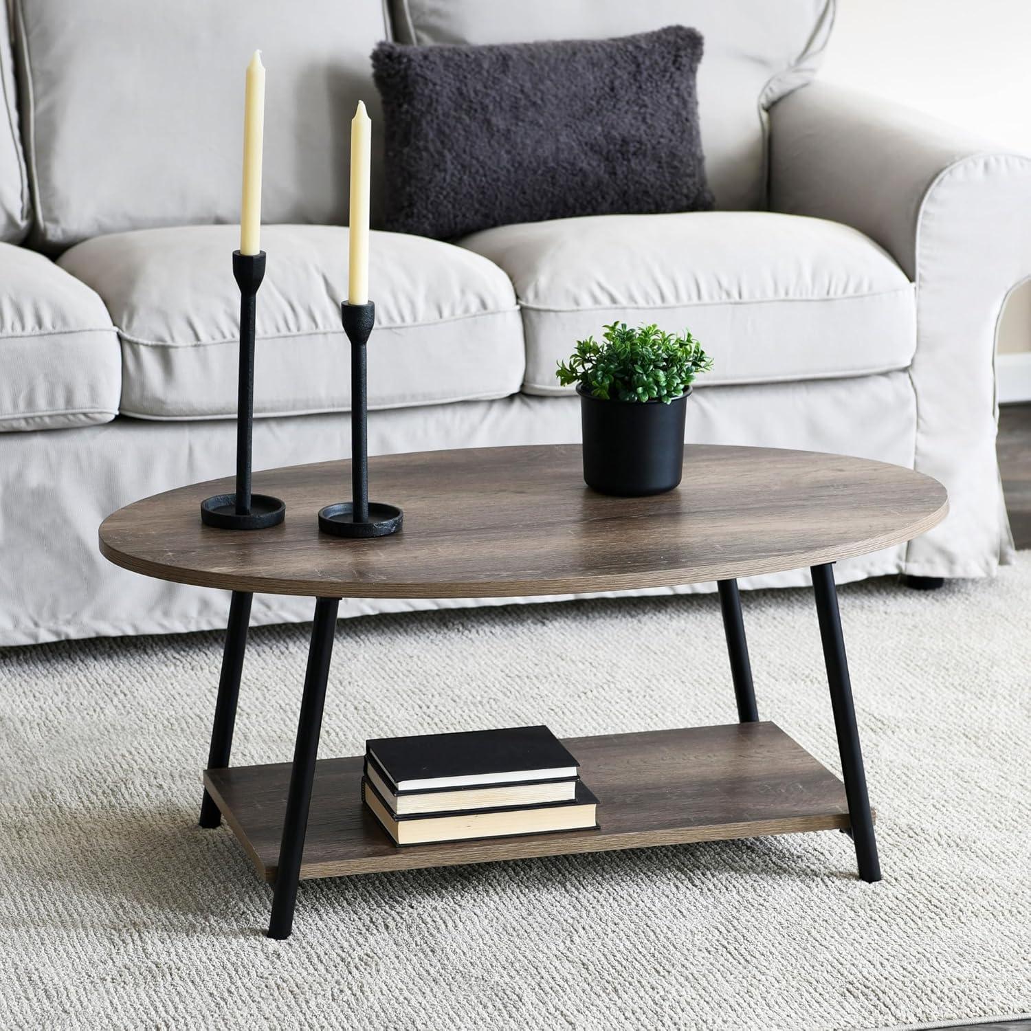 Household Essentials Jamestown Oval Coffee Table Ashwood: Modern Mid-Century Design, Iron Frame, Particle Board Surface, Lower Storage Shelf