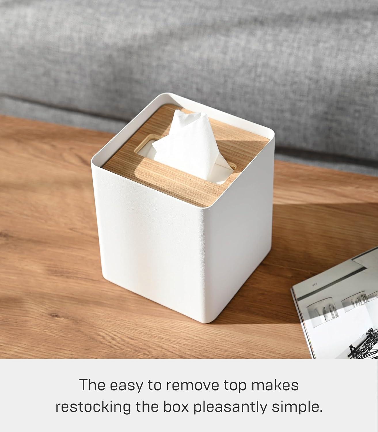 Yamazaki Home Yamazaki Home Square Reusable Tissue Box Cover Metal Container Case With Natural Wooden Lid,, Steel